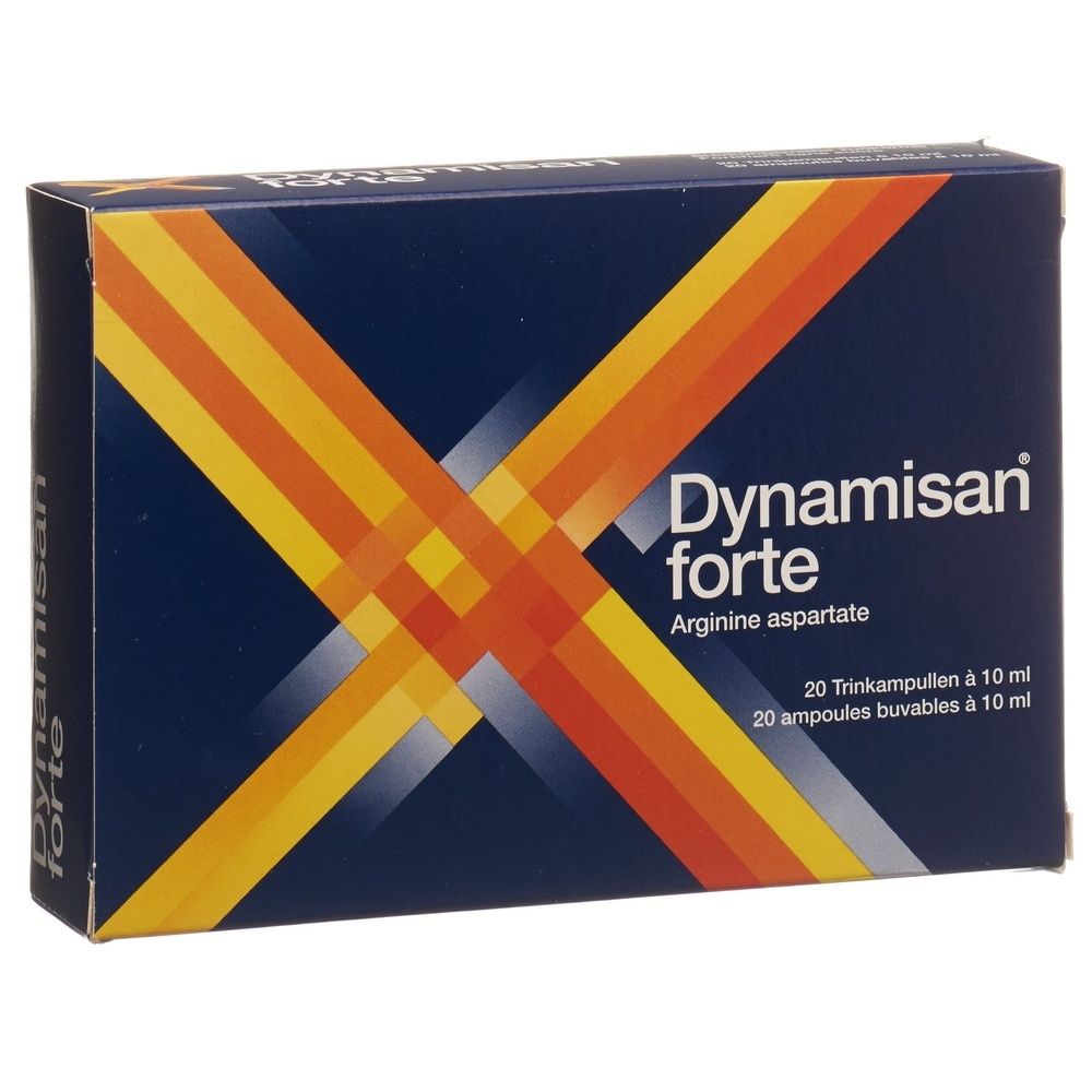 Schachtel mit "Dynamisan forte". Blaue Grundfarbe mit gelben und orangen Streifen. Enthält 20 Trinkampullen.