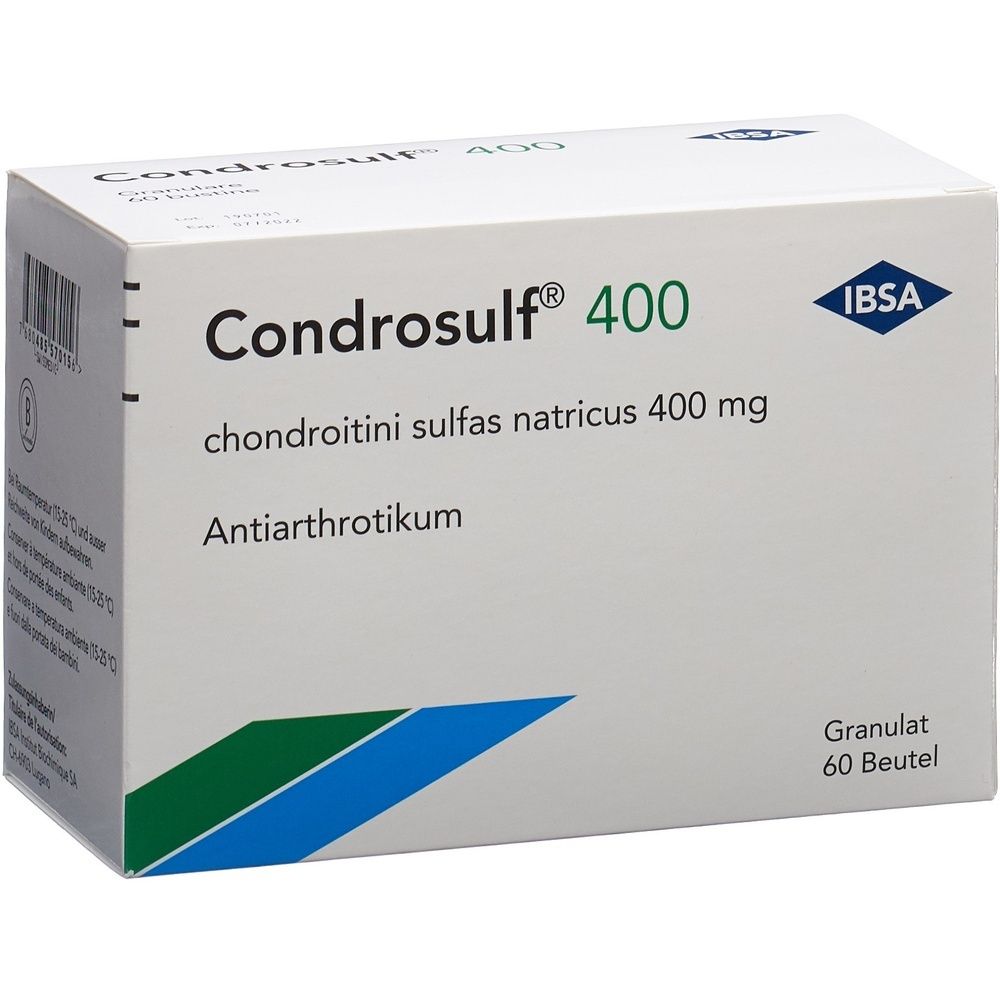 Kartonverpackung mit Produktbezeichnung und Logo. Text: Condrosulf 400, Chondroitinsulfat 400 mg, 60 Stk. Blaue und grüne Designelemente.