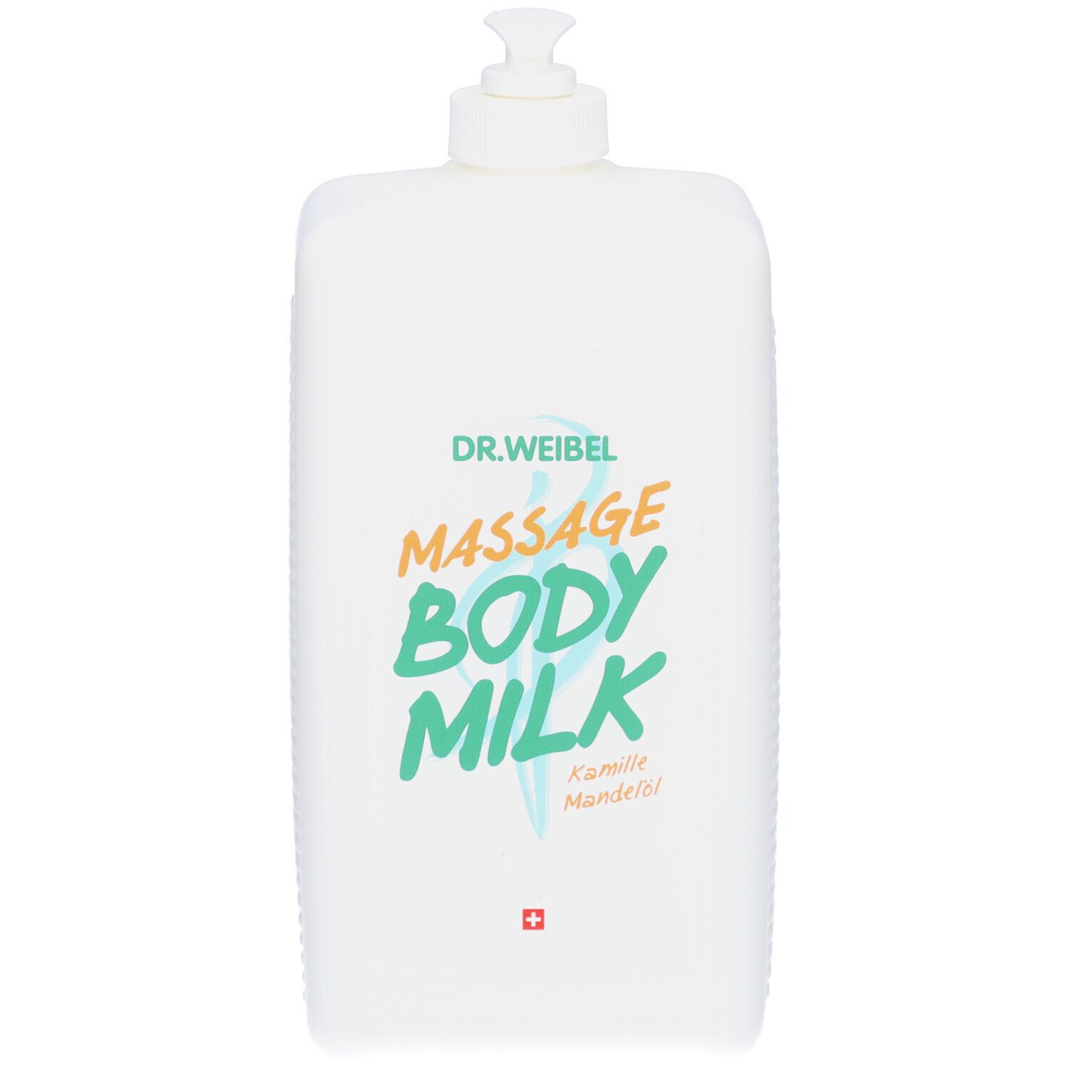 Weiße Flasche mit Pumpverschluss. Aufschrift: DR. WEIBEL, MASSAGE BODY MILK. Schweizer Kreuz.