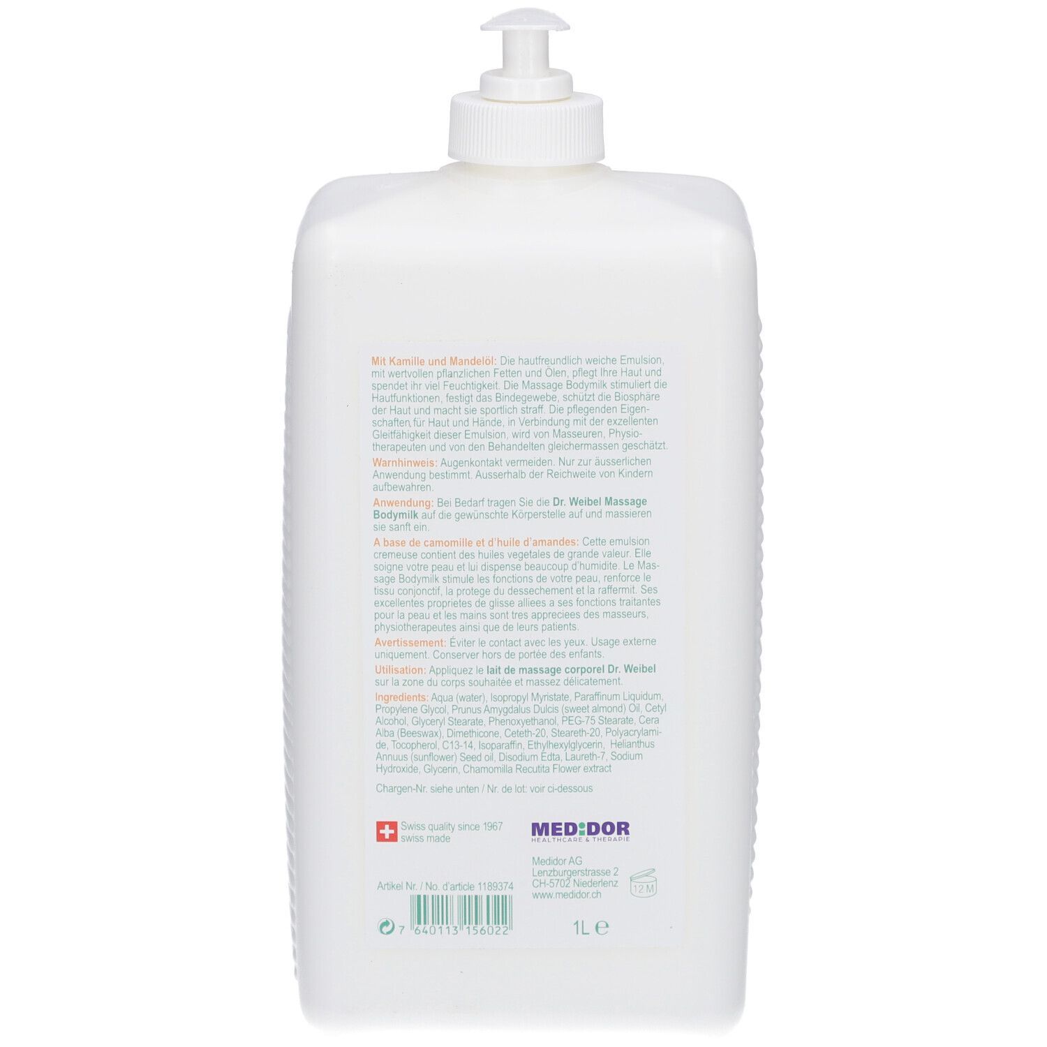 Rückseite der weißen Flasche. Text in mehreren Sprachen. Schweizer Kreuz. Aufschrift: MED:DOR.