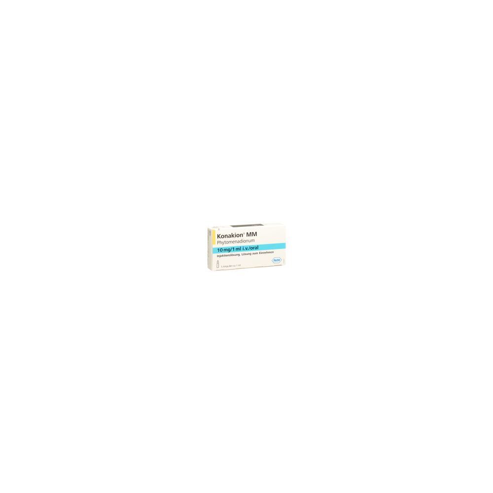 Kartonpackung mit Produktinformationen. Aufschrift: Konakion MM, 10mg/ml, 5 Ampullen. Weiß, gelb und hellblau.