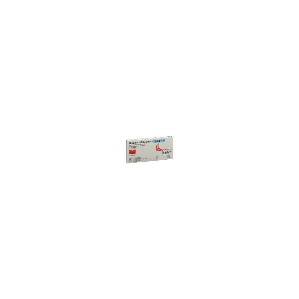 Karton mit Produktinformationen. Beschriftung: MORPHIN HCL Sintetica 10 mg/ml. Rote und blaue Akzente. Marke Sintetica.