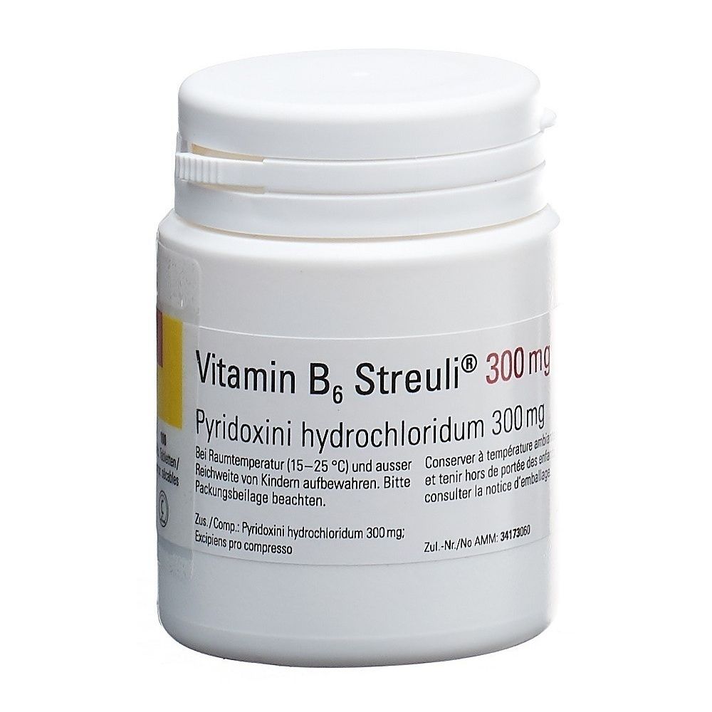 Weiße Tablettenbox mit Aufschrift Vitamin B6 Streuli 300mg. Enthält Pyridoxini hydrochloridum. Deckel und Etikett mit Text.