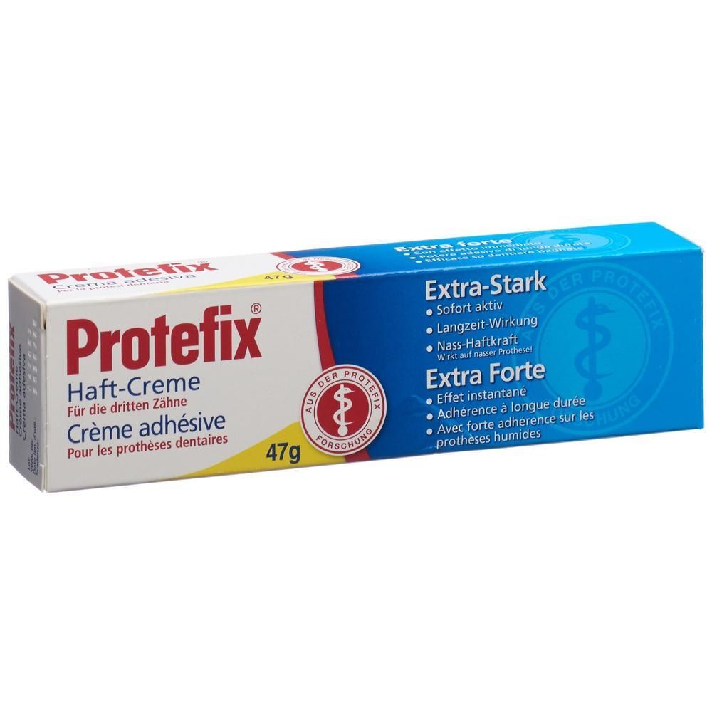 Protefix Haft-Creme Extra Stark 47g Tube mit Faltschachtel, Vorderansicht.
