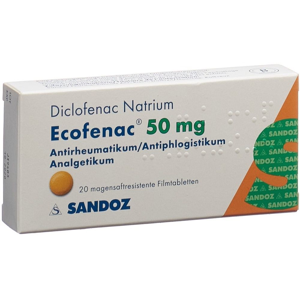 Schachtel mit ECOFENAC Filmtabl 50 mg. Weiße Verpackung mit grünen und orangen Akzenten. Text: ECOFENAC, 50 mg, 20 Stk.