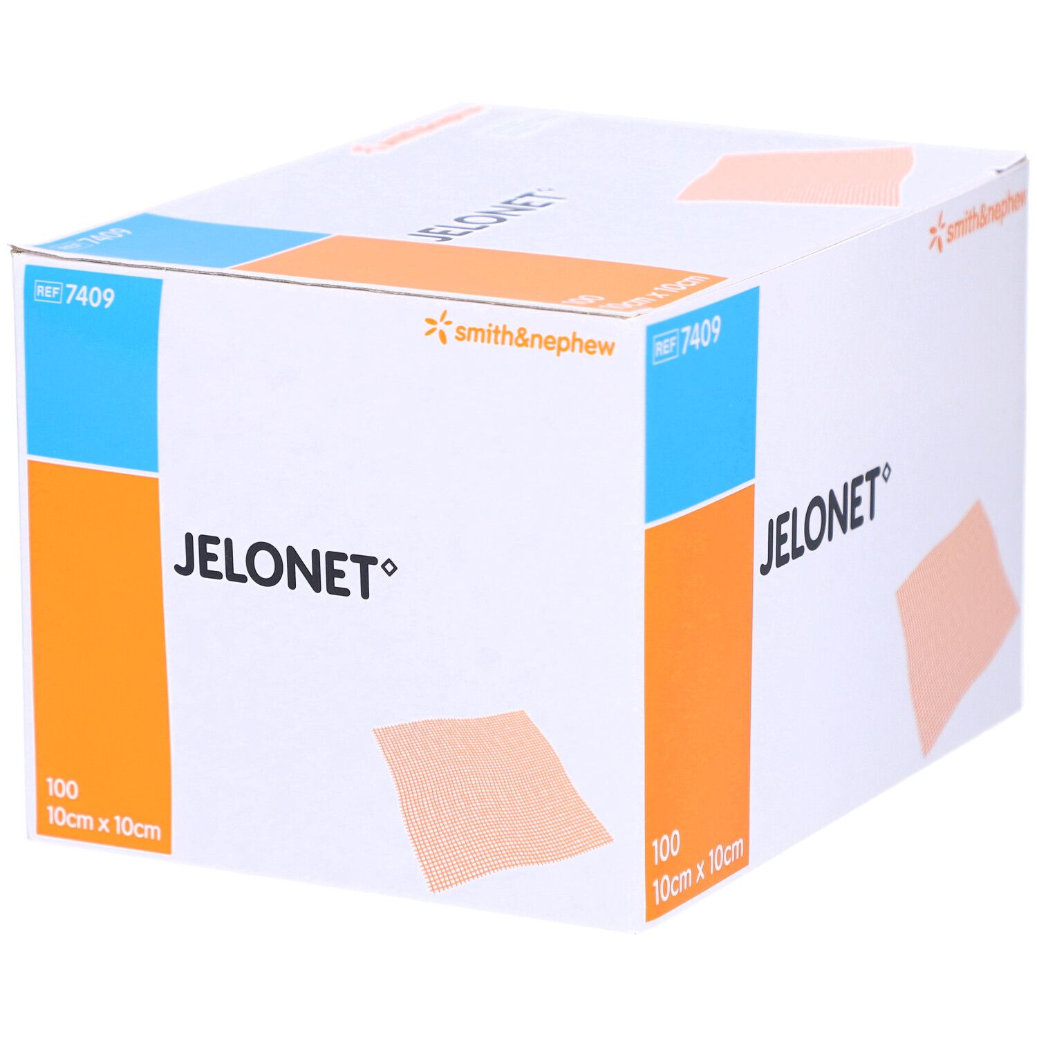 Boîte de compresses de gaze JELONET. Accents orange, nom et logo du produit. 100 pièces, 10cm x 10cm.