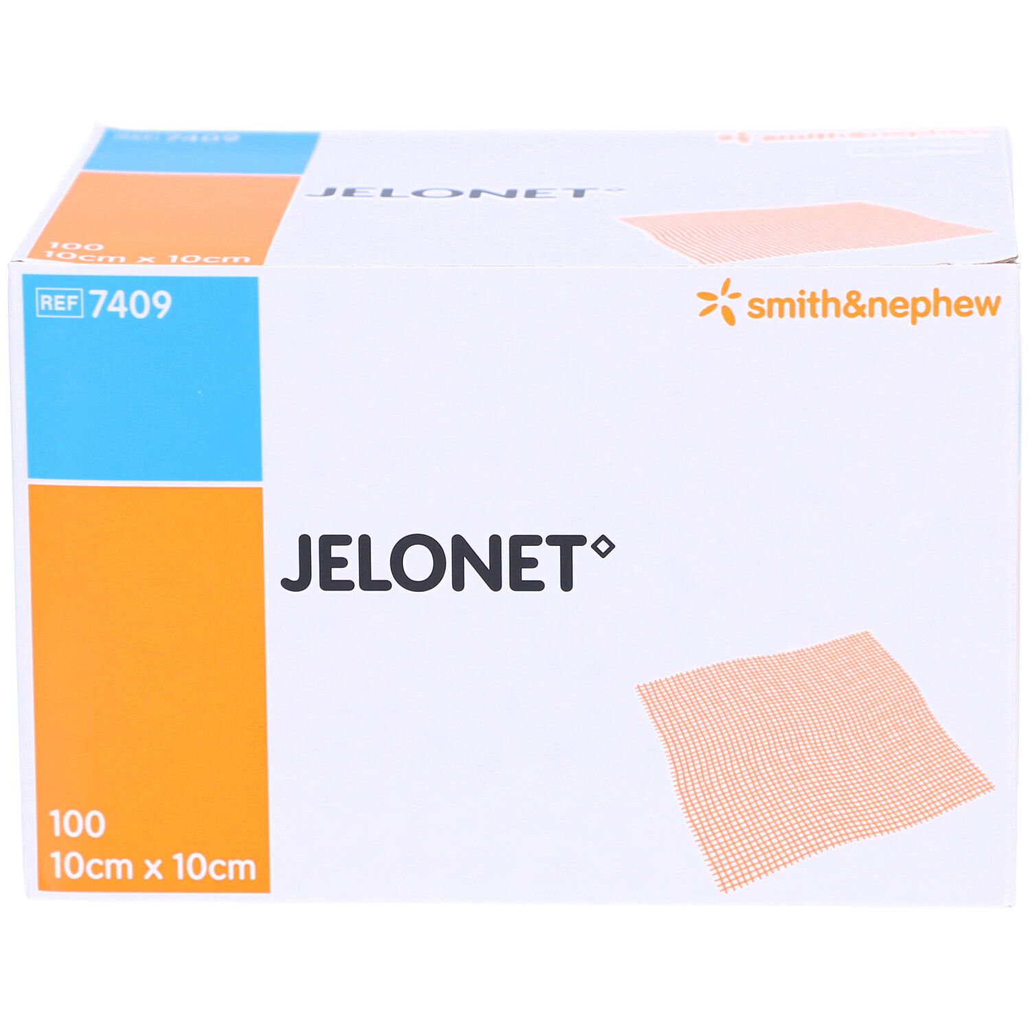 Boîte de compresses de gaze JELONET. Nom, logo et texte du produit. 100 pièces, 10cm x 10cm. Accents bleus et oranges.