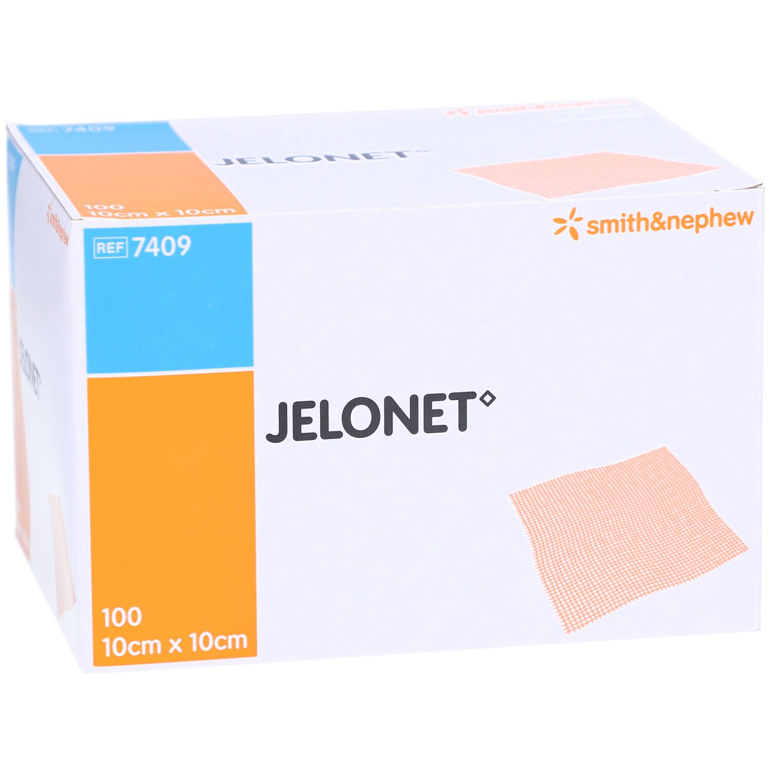 Boîte de compresses de gaze JELONET. Nom, logo et texte du produit. 100 pièces, 10cm x 10cm. Accents orange.