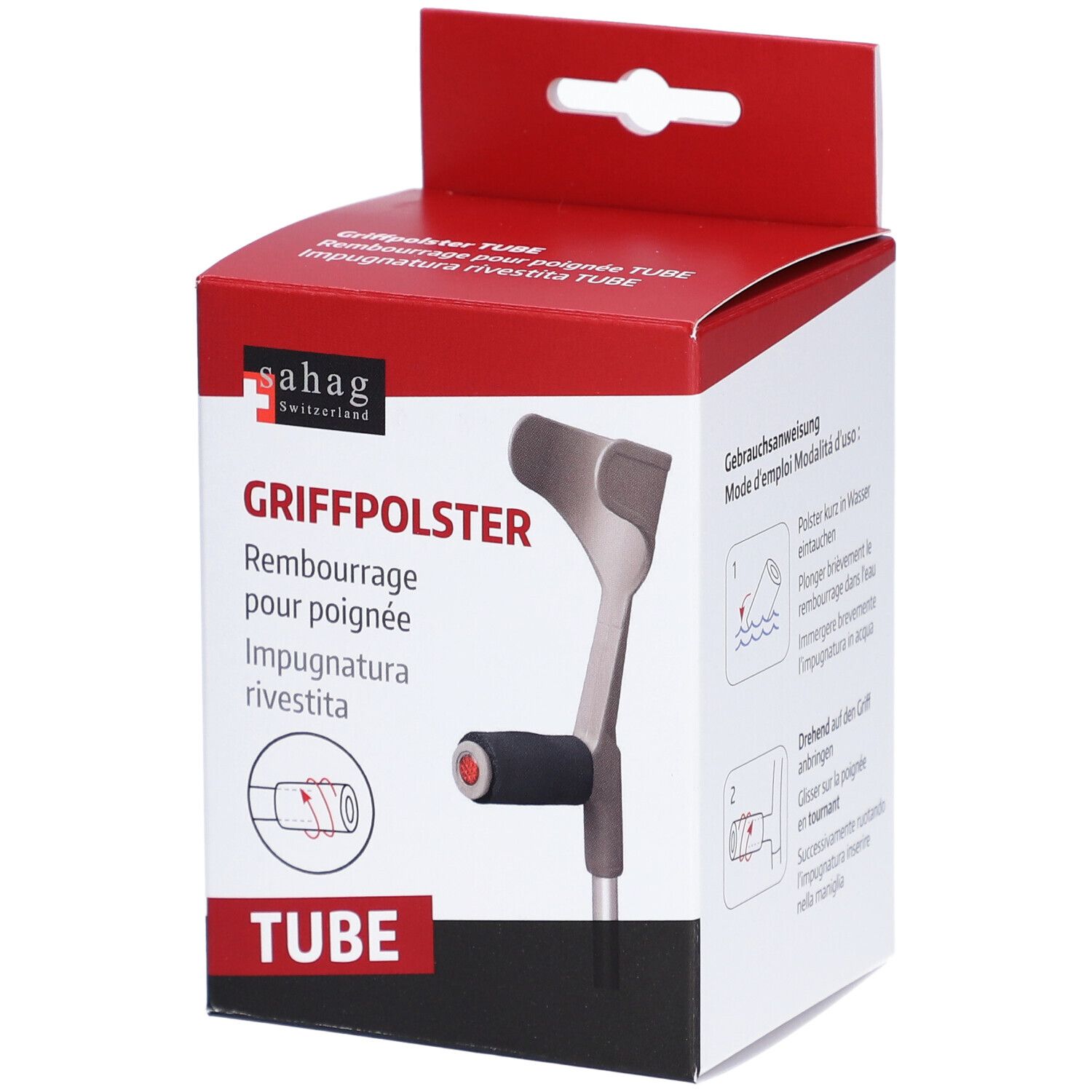 Verpackung mit Griffpolster für Krücken. Rote und weiße Box mit Produktabbildung und Text. Marke: sahag.