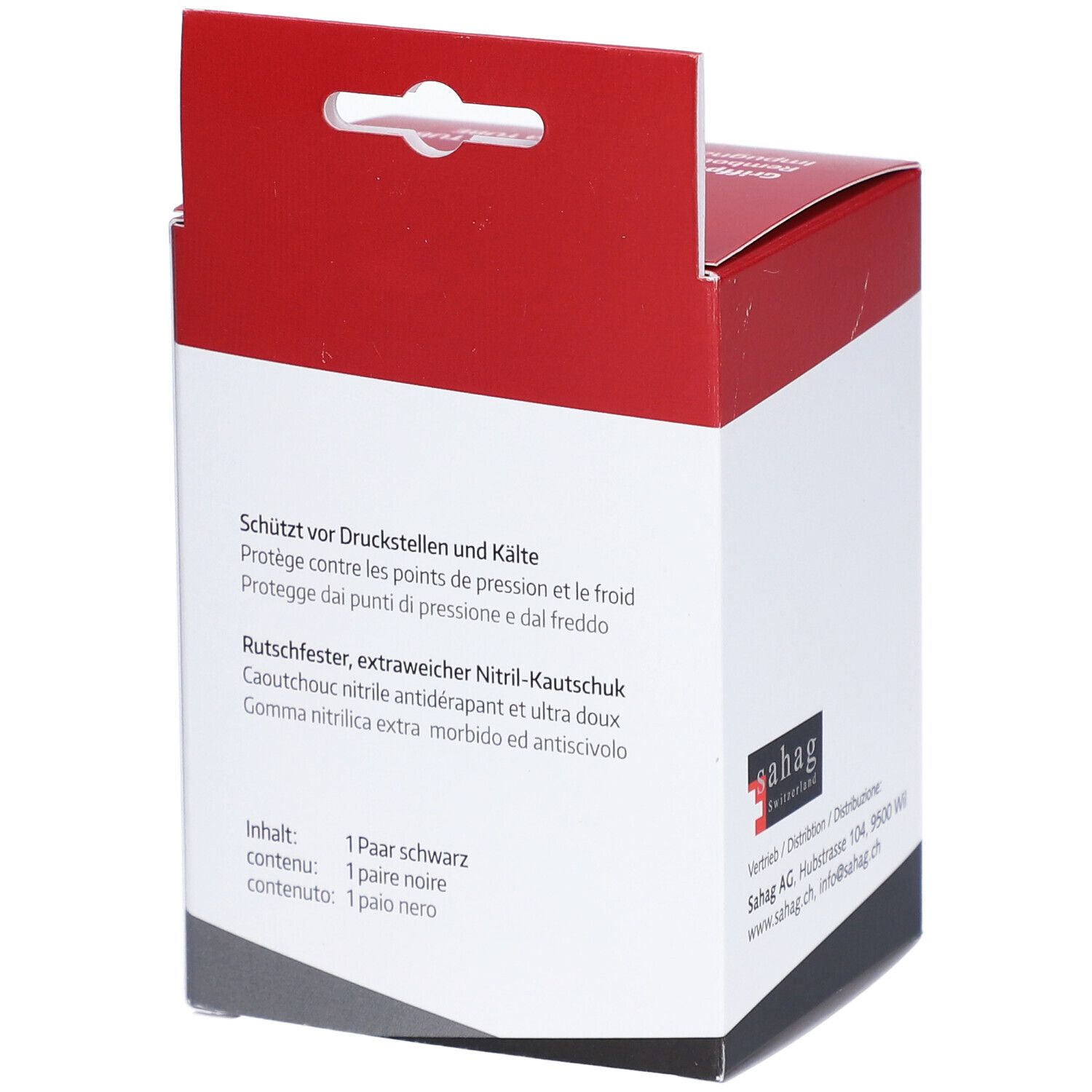 Rückseite der Verpackung mit Text. Schützt vor Druckstellen und Kälte. Rutschfester Nitril-Kautschuk. Marke: sahag.