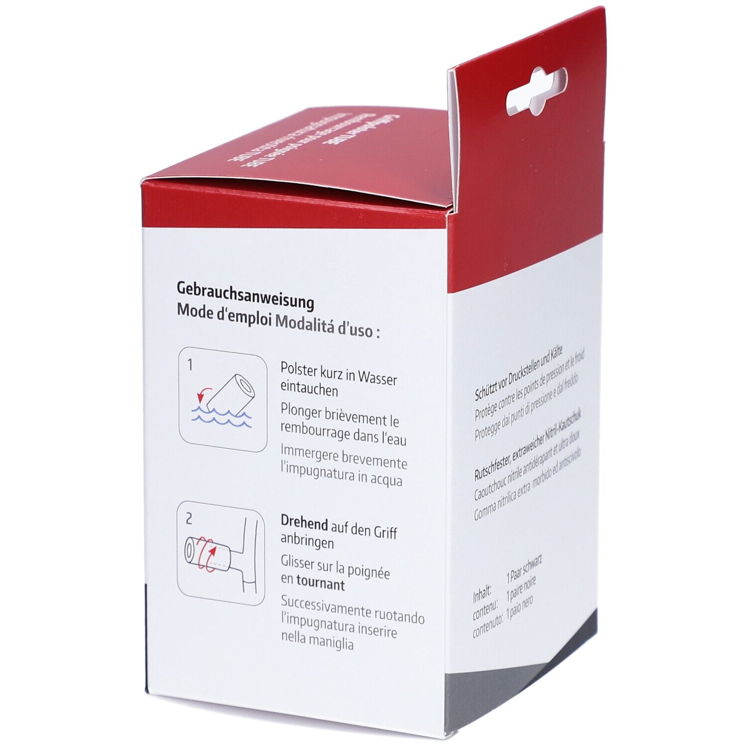 Rückseite der Verpackung mit Gebrauchsanweisung. Polster kurz in Wasser eintauchen. Auf den Griff anbringen. Marke: sahag.