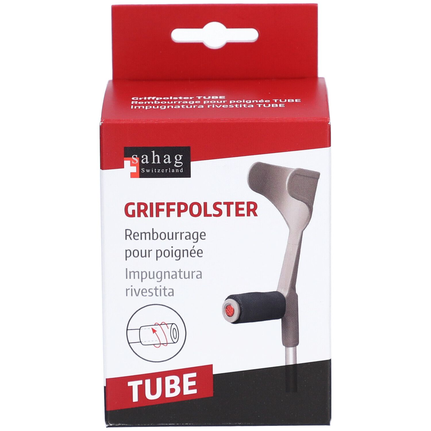 Verpackung mit Griffpolster für Krücken. Rote und weiße Box mit Produktabbildung und Text. Marke: sahag.