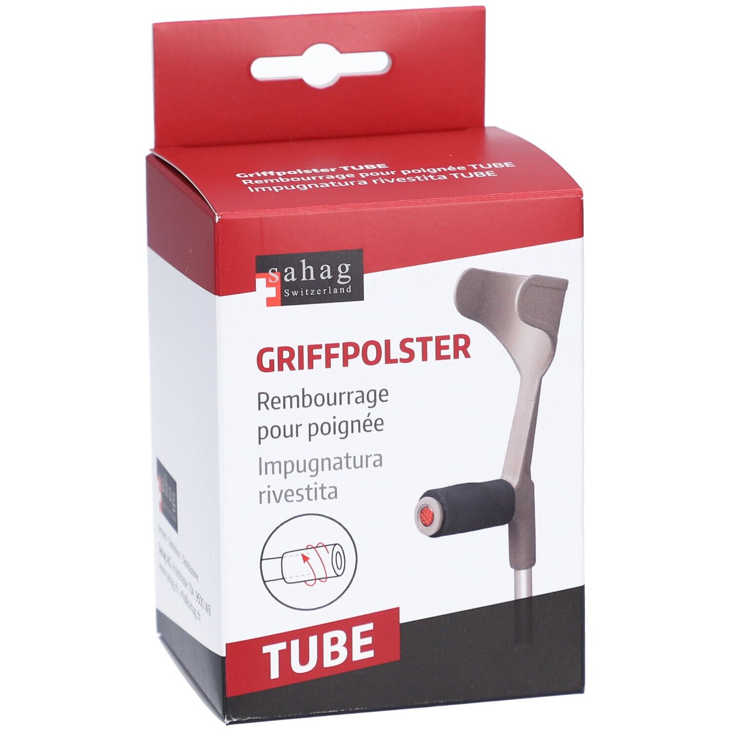 Verpackung mit Griffpolster für Krücken. Rote und weiße Box mit Produktabbildung und Text. Marke: sahag.
