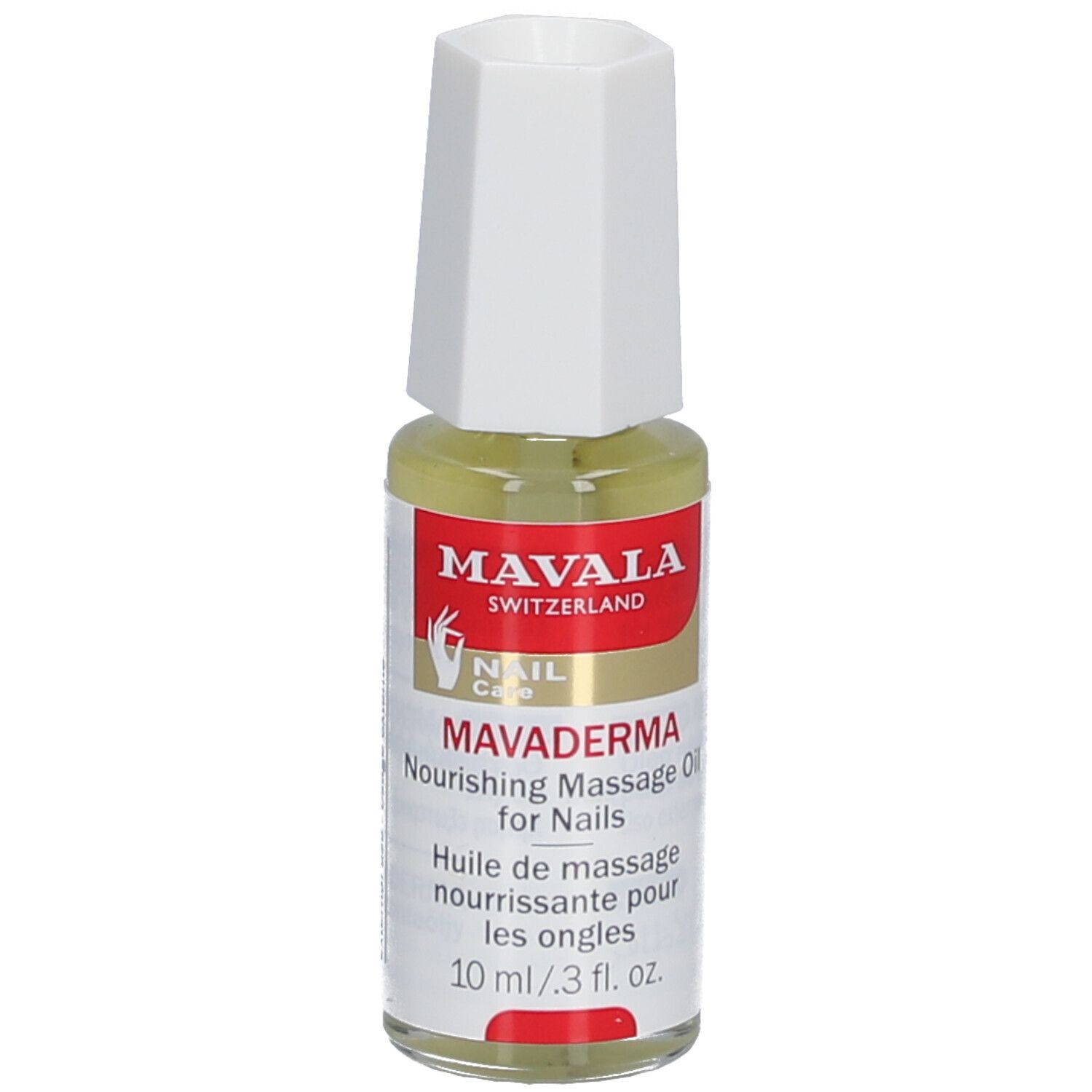Mavala Mavaderma, huile de massage pour ongles, flacon de 10 ml avec bouchon blanc. Inscription : Nourishing Massage Oil for Nails.