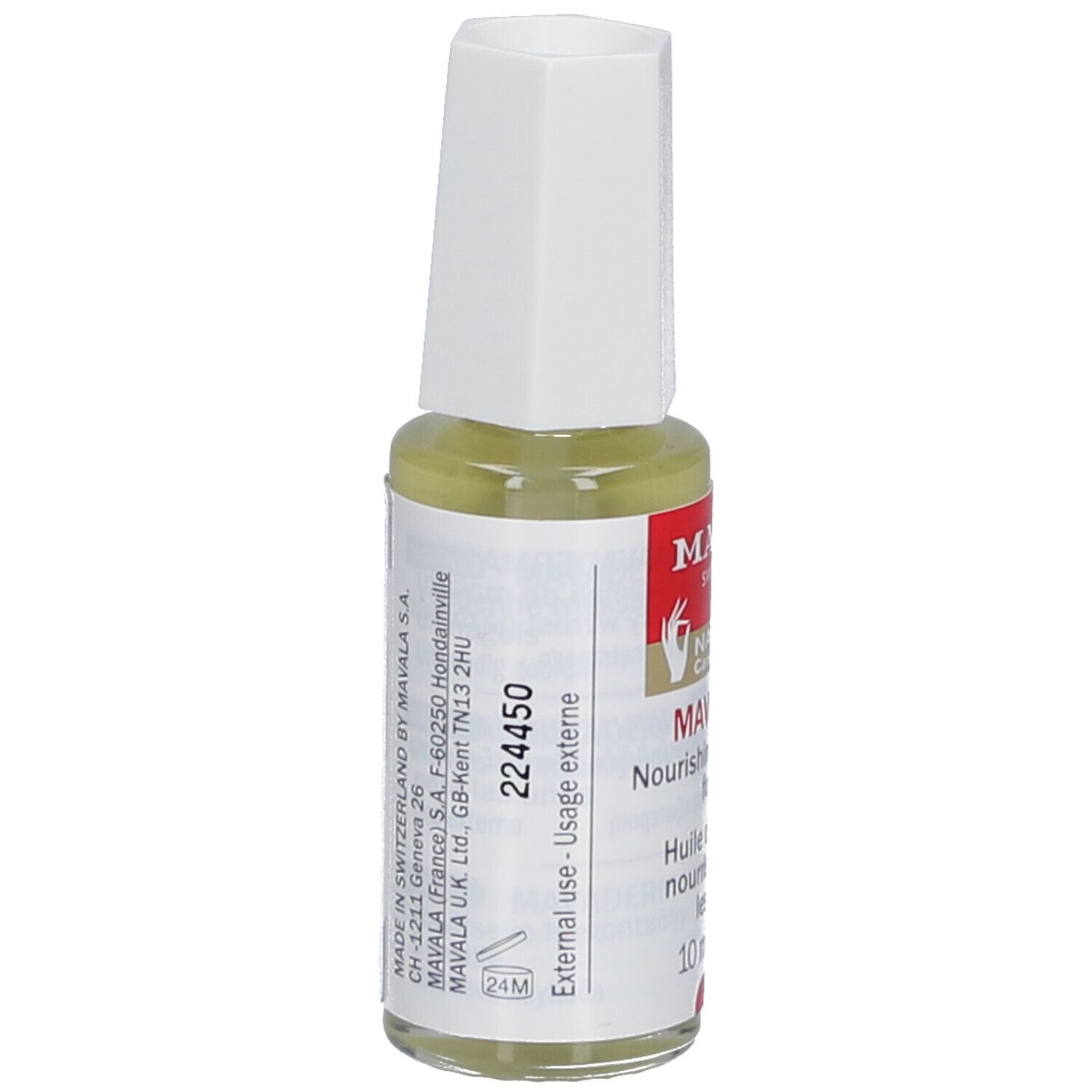 Mavala Mavaderma, huile de massage pour ongles, flacon avec bouchon blanc. Inscription : Nourishing Massage Oil for Nails. Détails et numéro de lot.