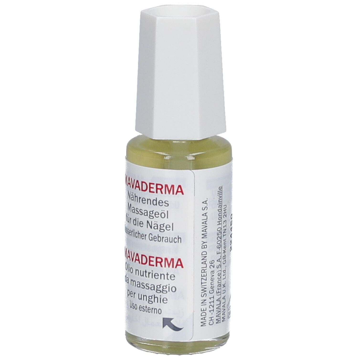 Mavala Mavaderma, huile de massage pour ongles, flacon avec bouchon blanc. Inscription : Nourishing Massage Oil for Nails. Informations multilingues.