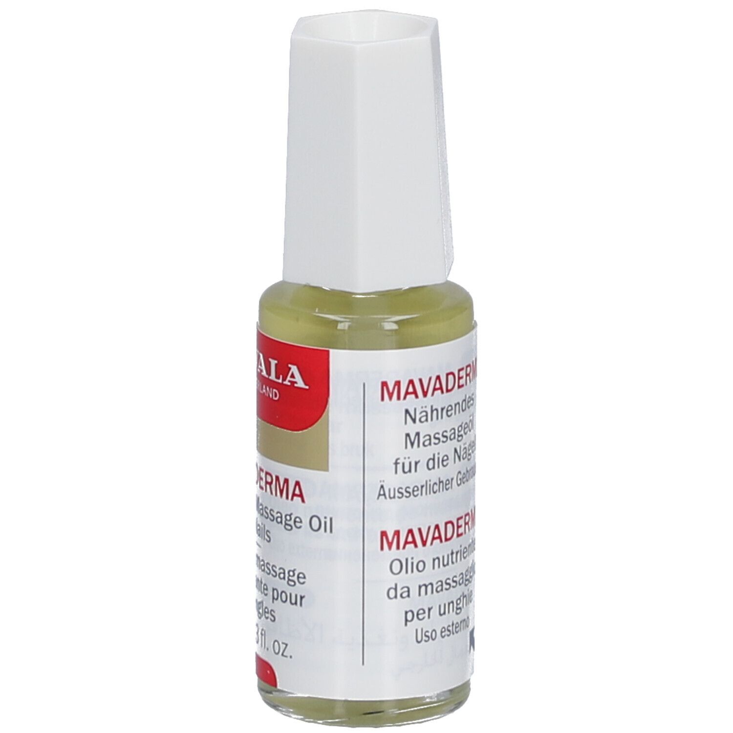 Mavala Mavaderma, huile de massage pour ongles, flacon avec bouchon blanc. Inscription : Nourishing Massage Oil for Nails. Informations multilingues.
