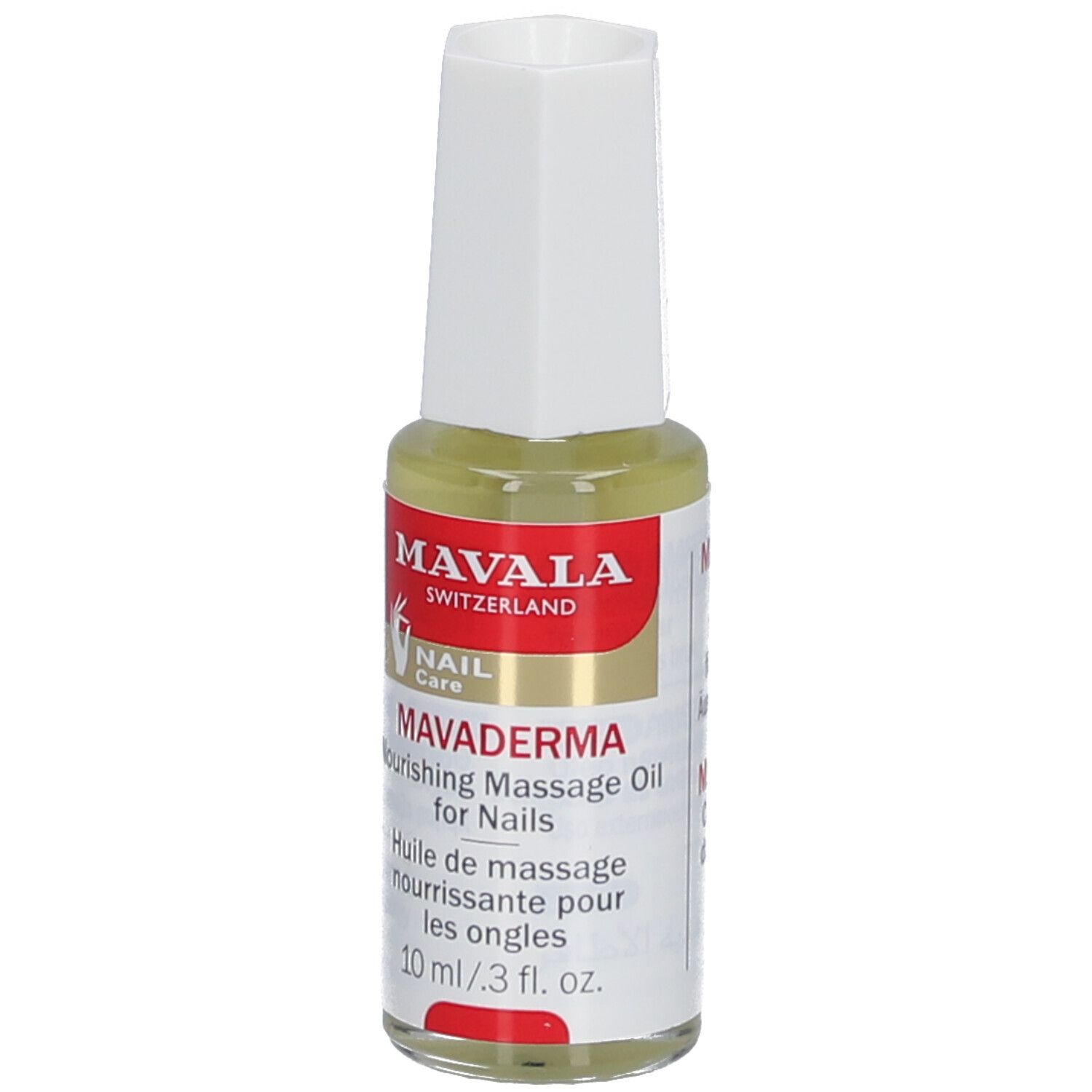 Mavala Mavaderma, huile de massage pour ongles, flacon de 10 ml avec bouchon blanc. Inscription : Nourishing Massage Oil for Nails.