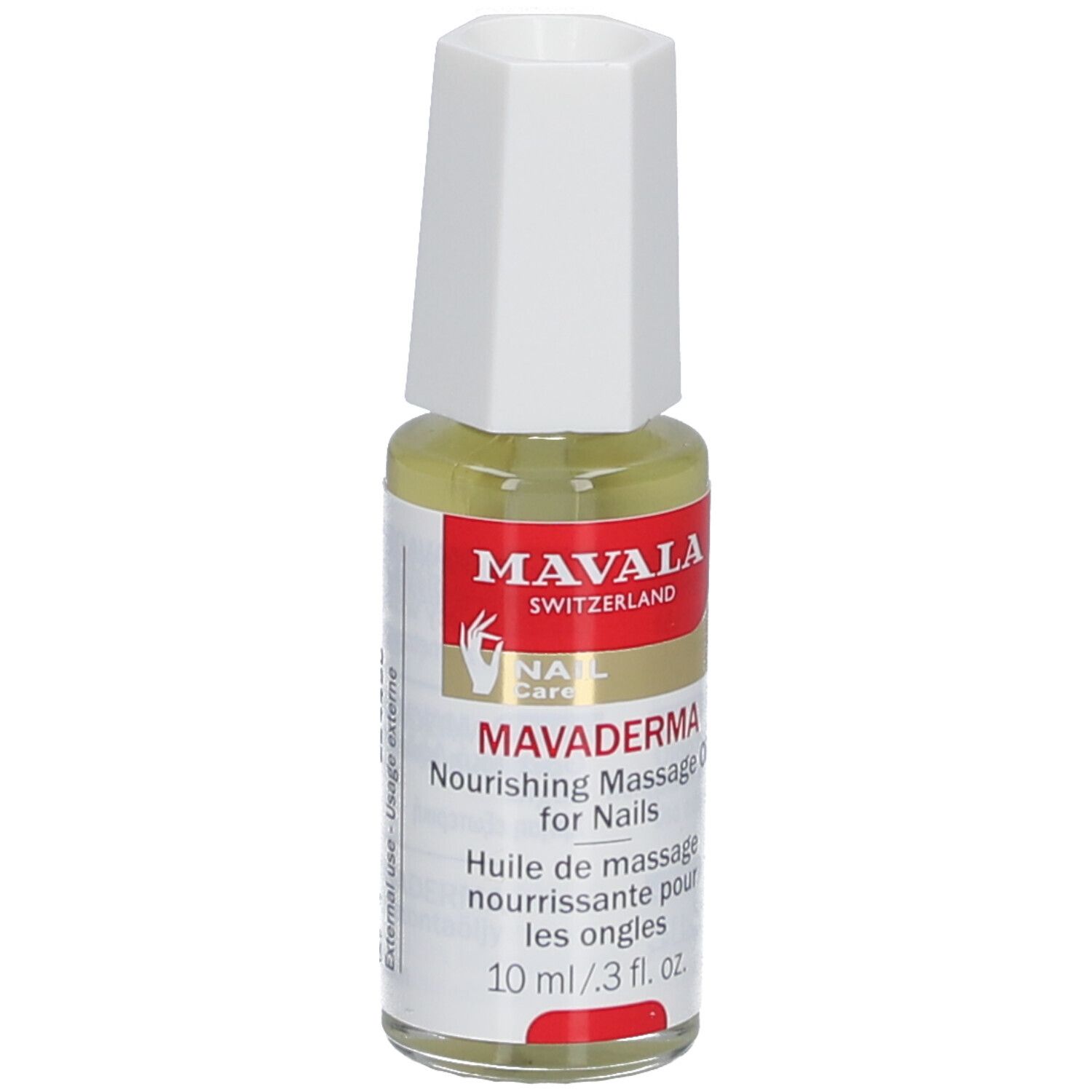 Mavala Mavaderma, huile de massage pour ongles, flacon de 10 ml avec bouchon blanc. Inscription : Nourishing Massage Oil for Nails.