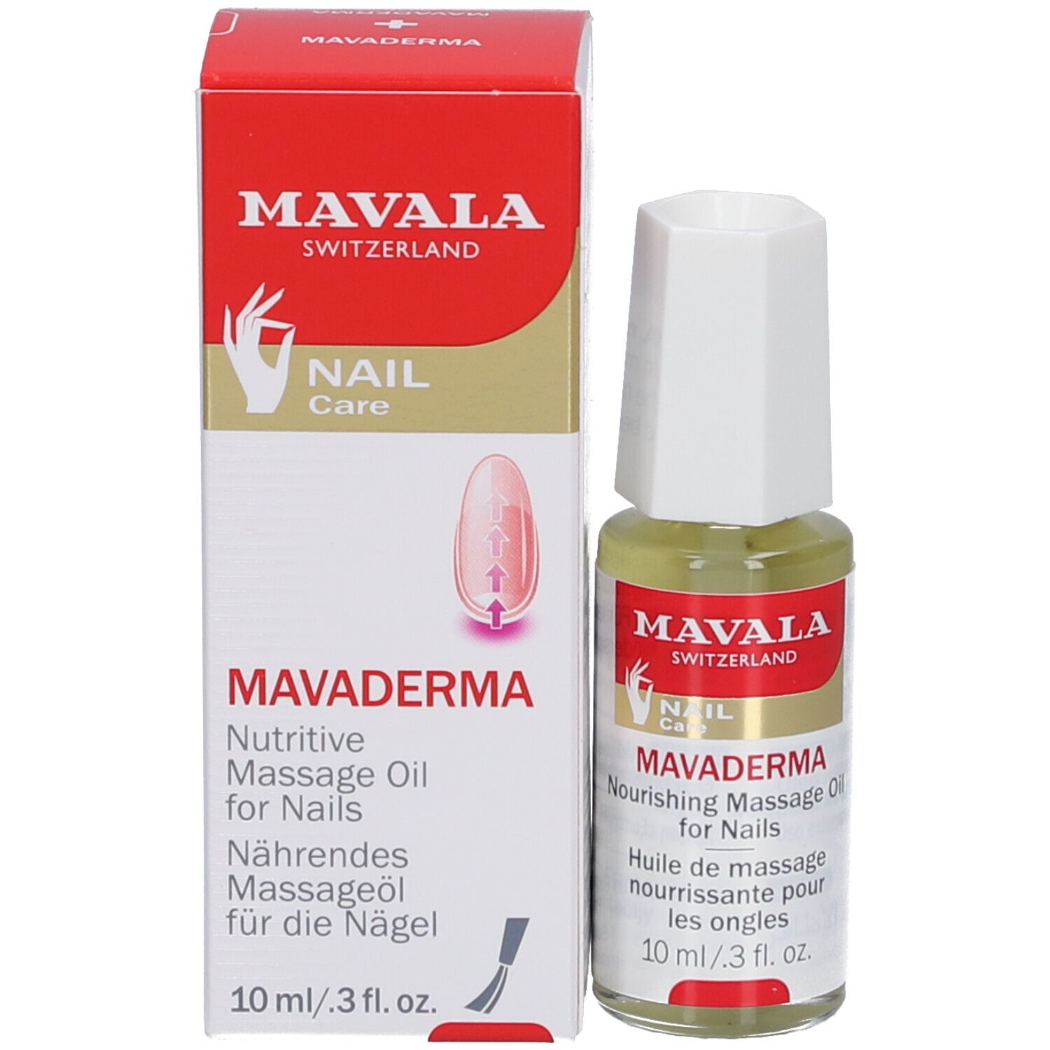 Mavala Mavaderma, huile pour ongles, flacon et emballage. Inscription : Nourishing Massage Oil for Nails. 10 ml.