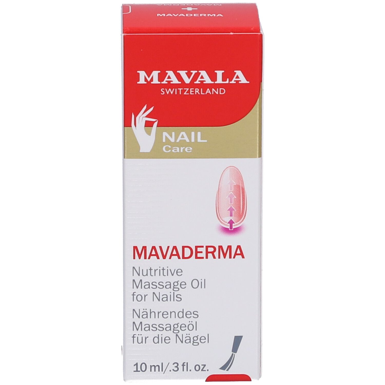 Mavala Mavaderma, huile pour ongles, flacon et emballage. Inscription : Nourishing Massage Oil for Nails. 10 ml.