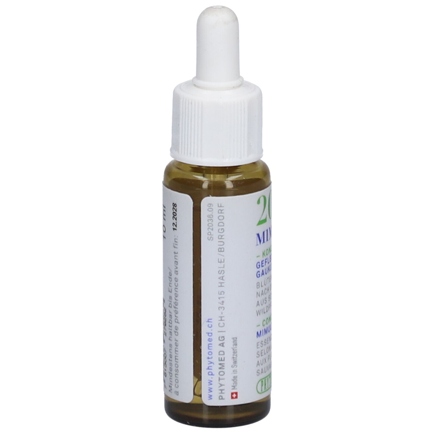Braunglasflasche mit weißem Deckel. Etikett mit Text und Logo. Aufschrift: PHYTOMED, 10 ml, Mindestens haltbar bis 12.2026.