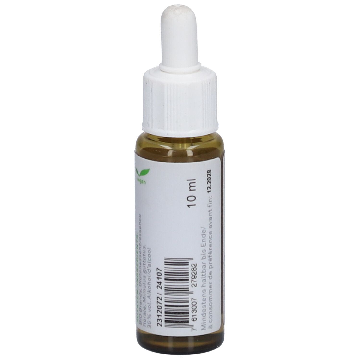 Braunglasflasche mit weißem Deckel. Etikett mit Text und Logo. Aufschrift: 10 ml, Mindestens haltbar bis 12.2026. Vegan-Logo.