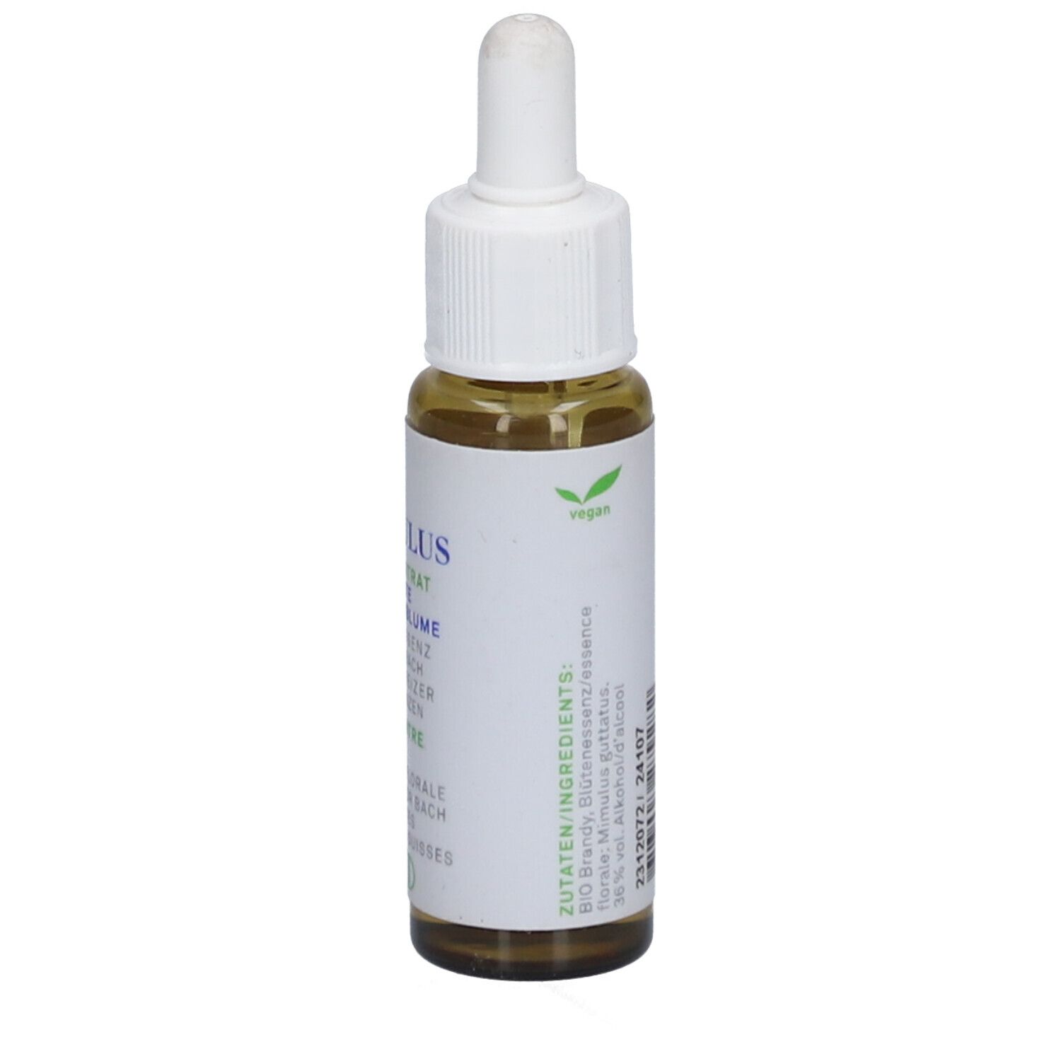 Braunglasflasche mit weißem Deckel. Etikett mit Text und Logo. Aufschrift: 20 Mimulus, Gauklerblume. Vegan-Logo.