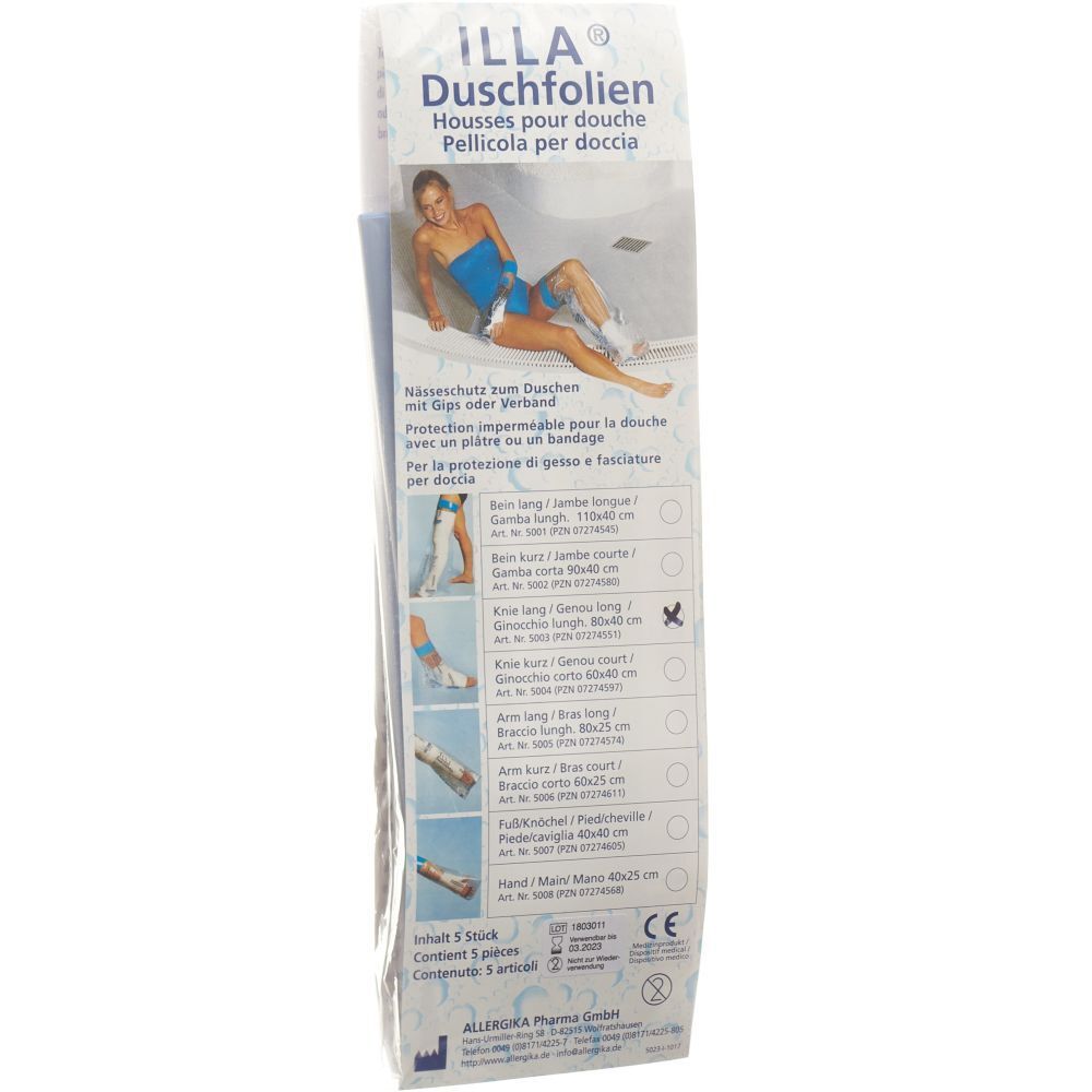 Verpackung von ILLA® Duschfolien. Produktabbildung und Produktnamen. Auswahl an Größen. CE-Kennzeichnung.