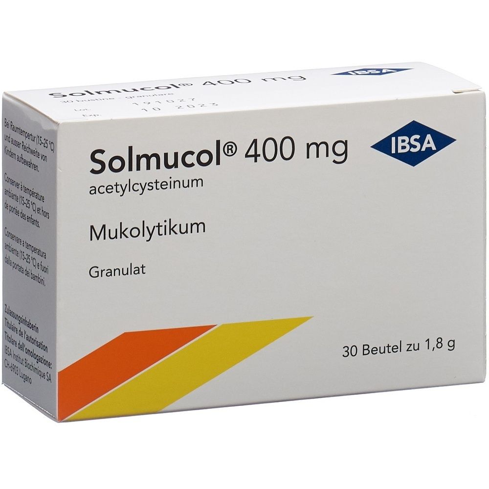 Karton SOLMUCOL Gran 400 mg. Weiß, mit Schriftzug und farbigen Streifen. Enthält 30 Beutel.