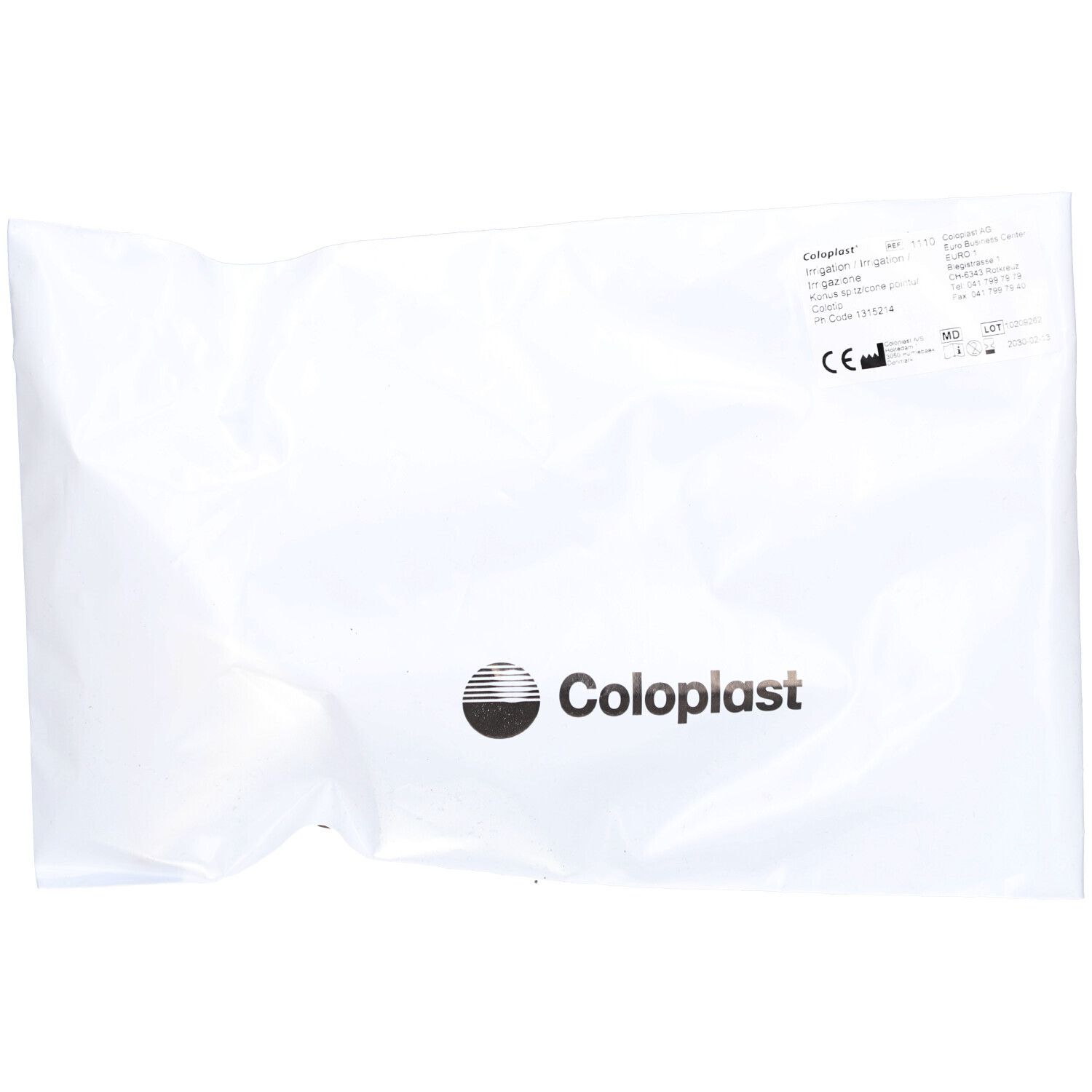 Emballage blanc avec logo Coloplast et informations produit. Marquage CE visible.