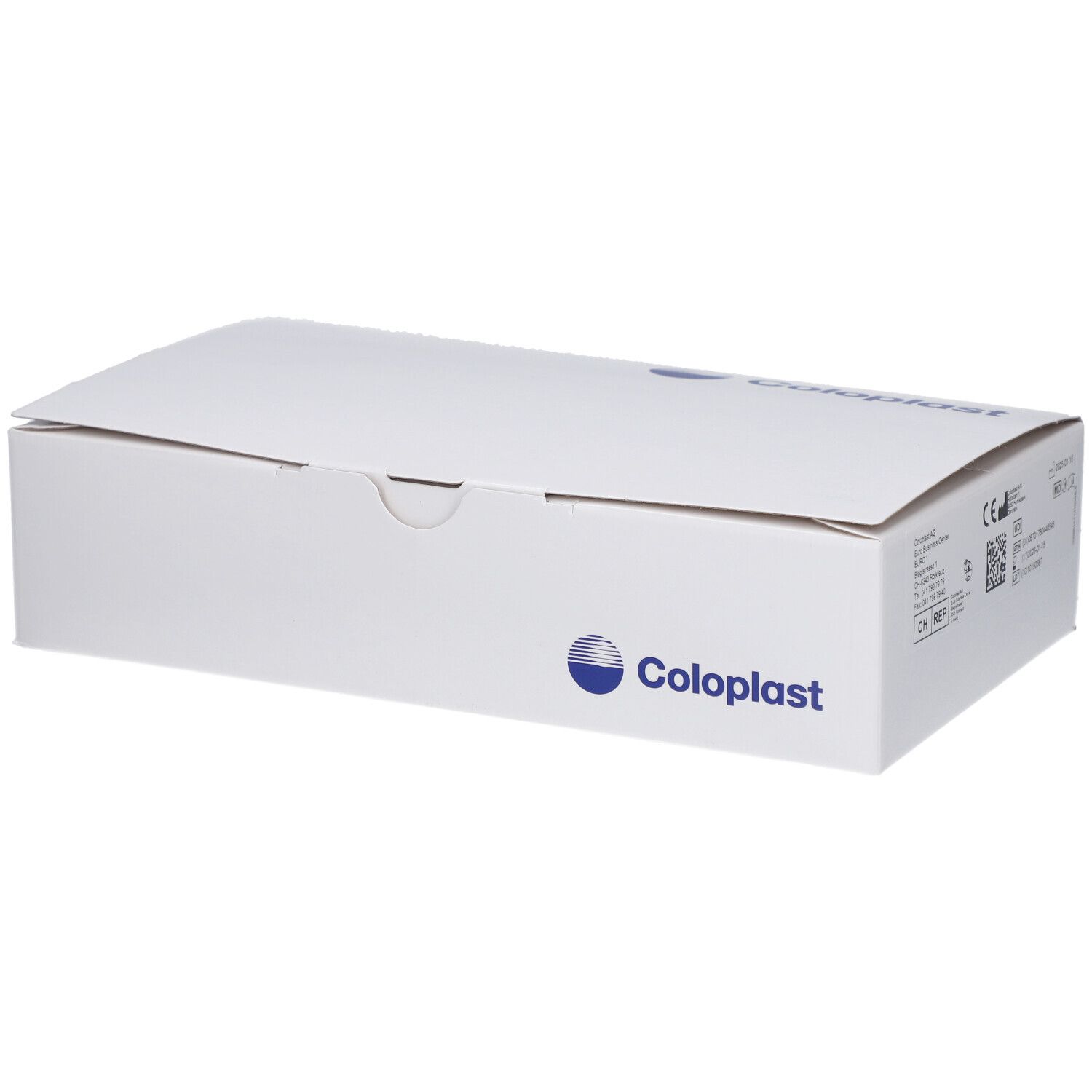 Weiße Verpackung mit Coloplast-Logo. Geschlossene rechteckige Box.