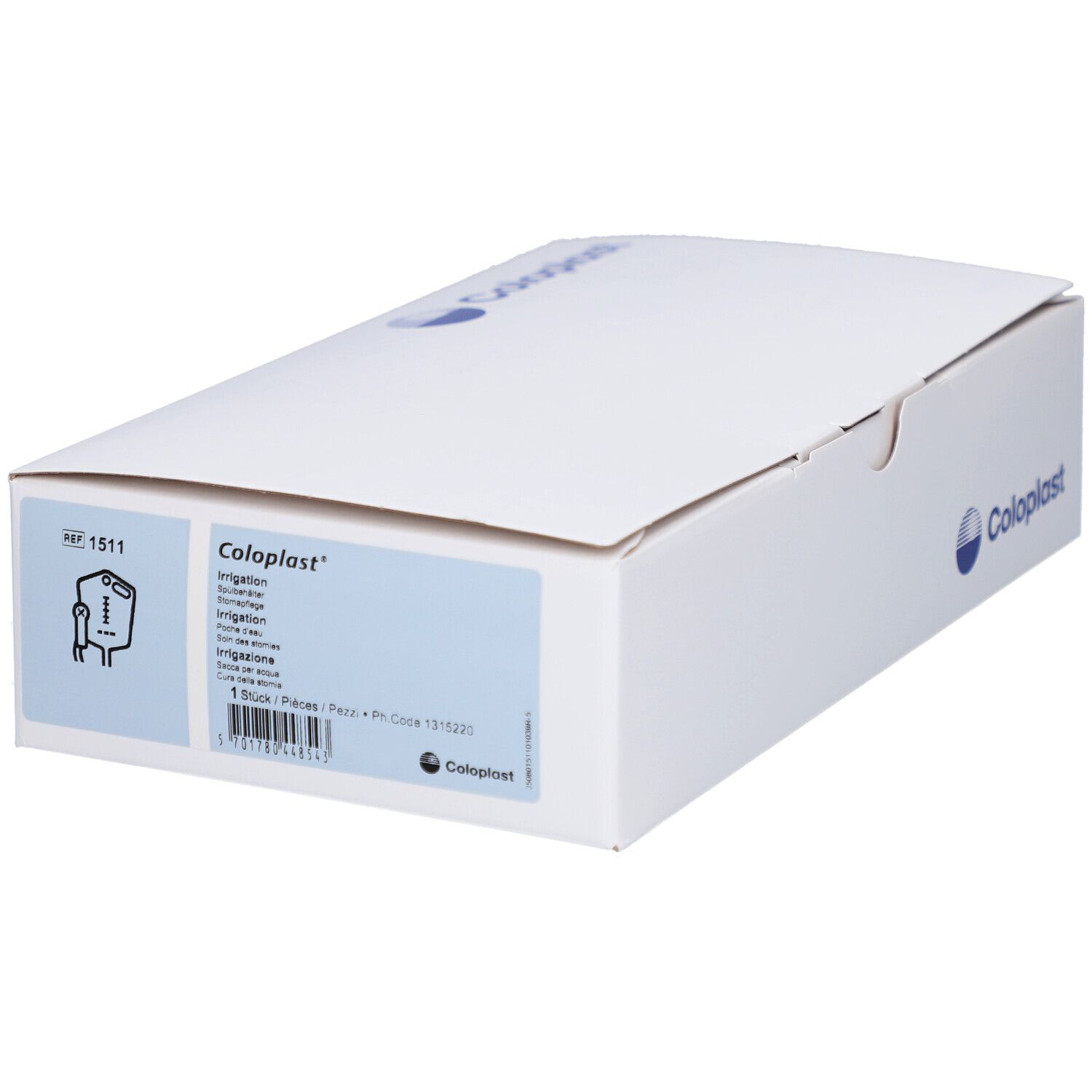 Weiße Box mit Coloplast-Logo und Produktinformationen. Geöffnet.
