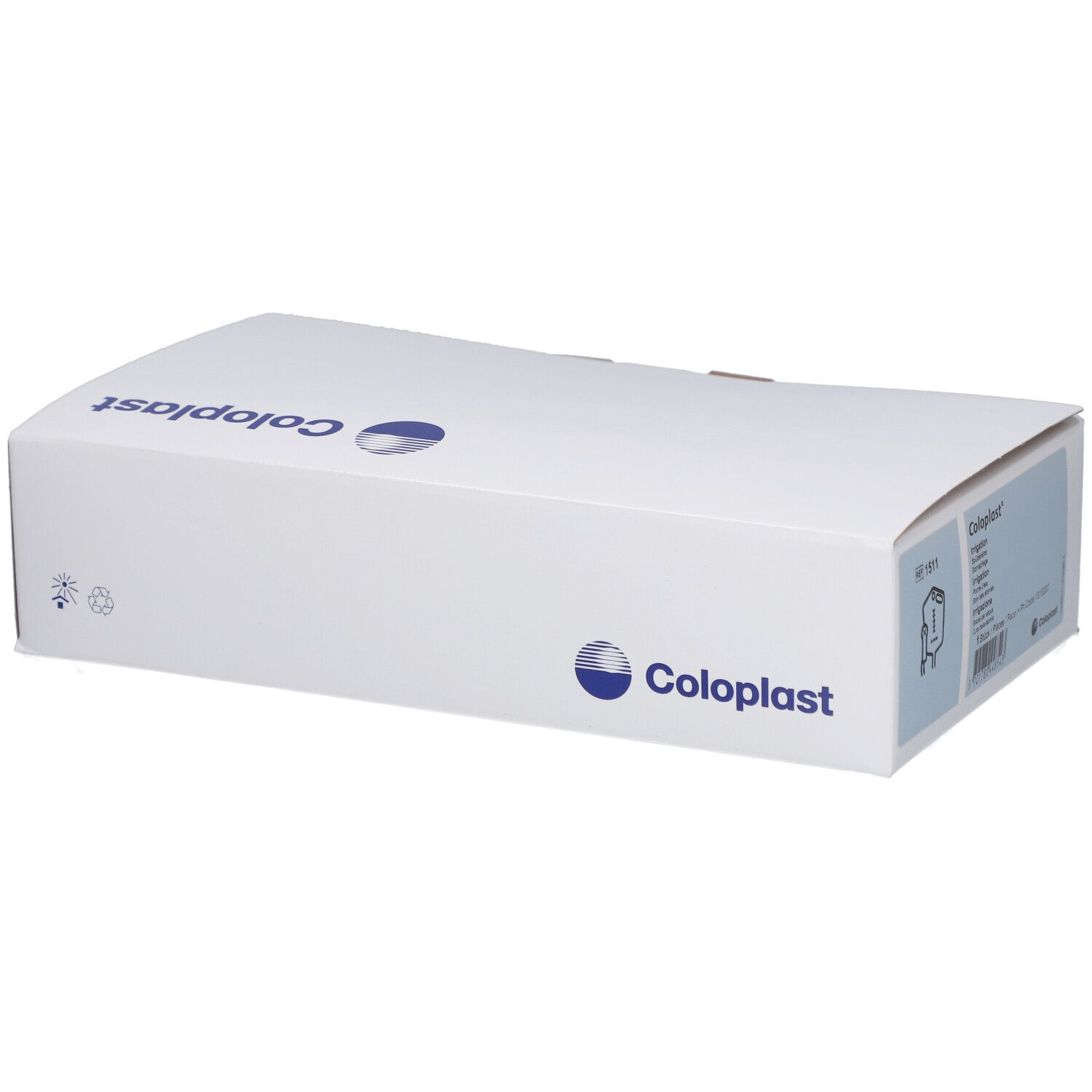 Weiße Box mit Coloplast-Logo und Produktinformationen. Geöffnet.