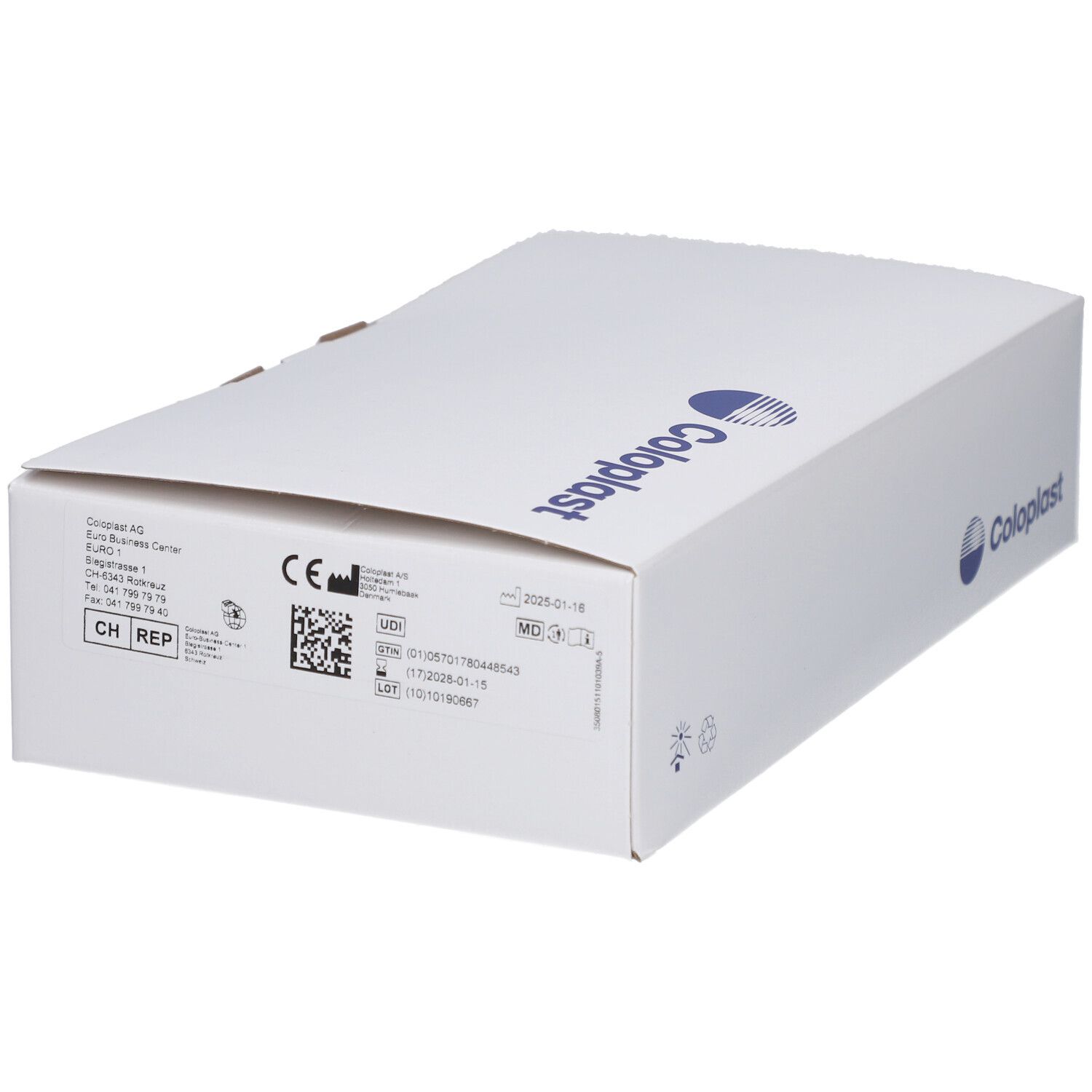 Weiße Box mit Coloplast-Logo und Produktinformationen. Geöffnet.