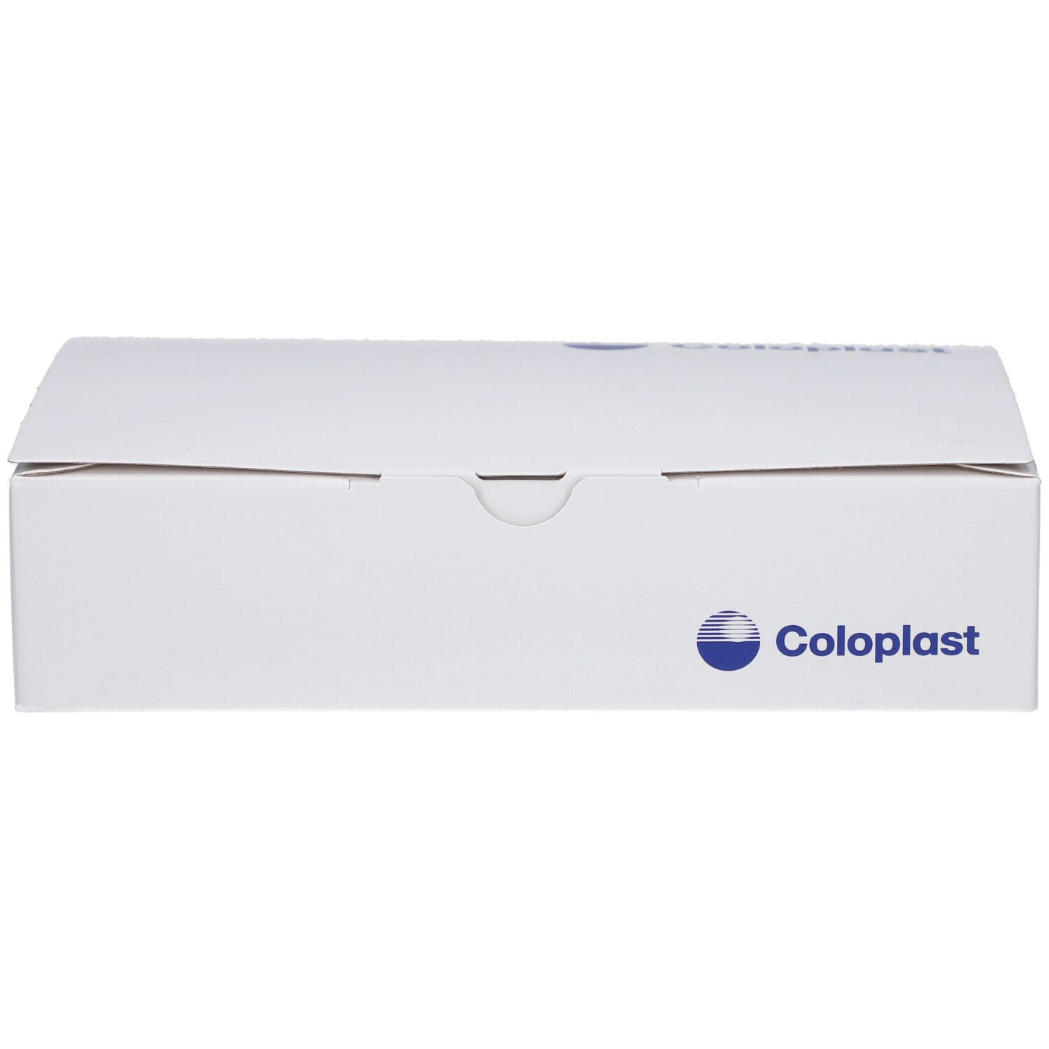Weiße Box mit Coloplast-Logo. Geschlossene rechteckige Box.