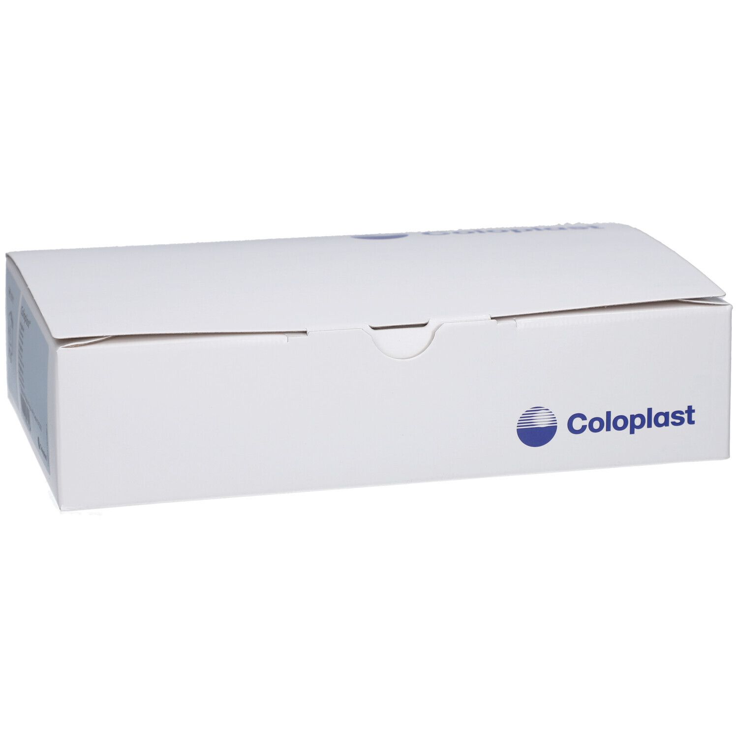 Weiße Box mit Coloplast-Logo. Geschlossene rechteckige Box.