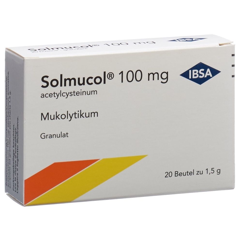 Weiße Schachtel mit Solmucol 100 mg, IBSA-Logo, 20 Beutel. Text: Acetylcysteinum, Mukolytikum, Granulat.