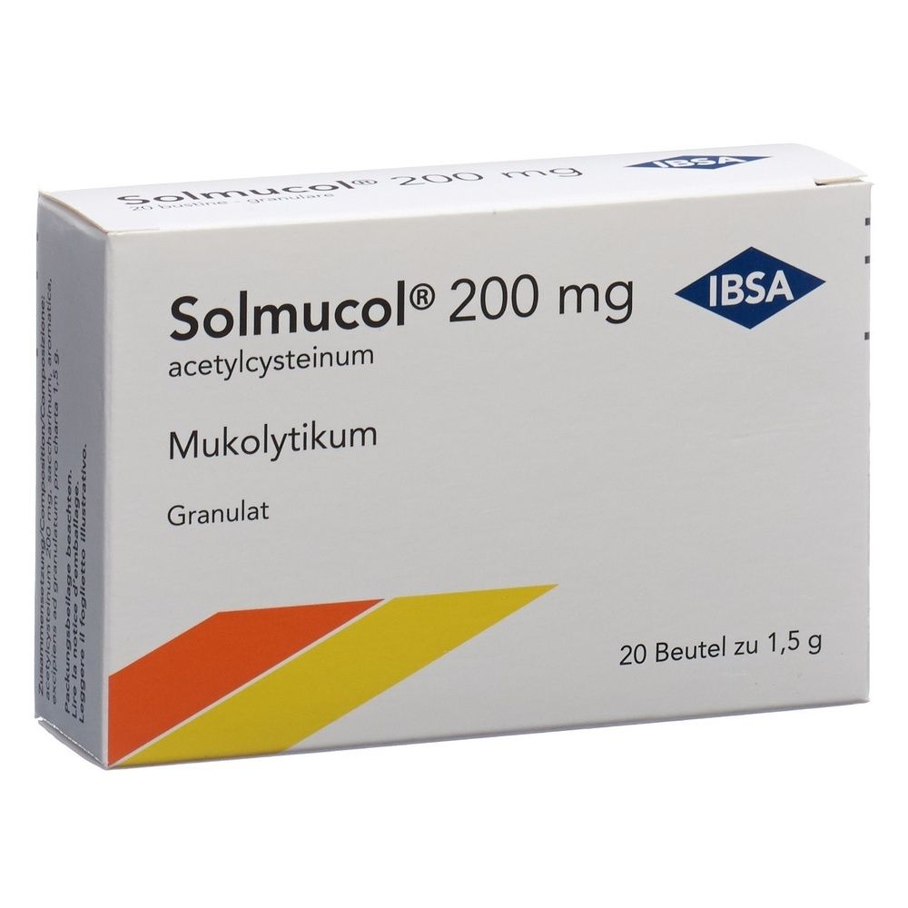 Weiße Schachtel mit Solmucol 200 mg. Enthält 20 Beutel. Aufschrift: Mukolytikum, Granulat, IBSA Logo. Orange und gelbe Akzente.