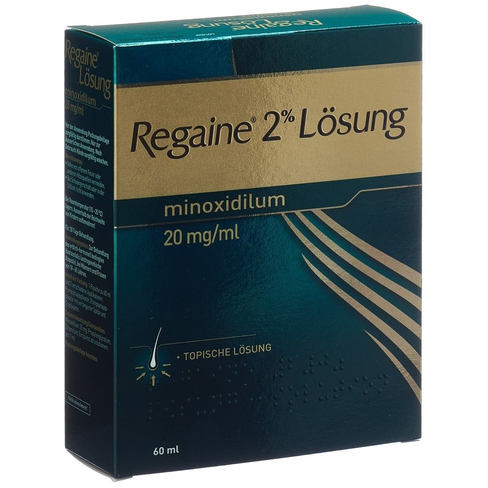 Karton mit Aufschrift Regaine 2% Lösung, minoxidilum 20 mg/ml. Topische Lösung. Blaue und goldene Farben.