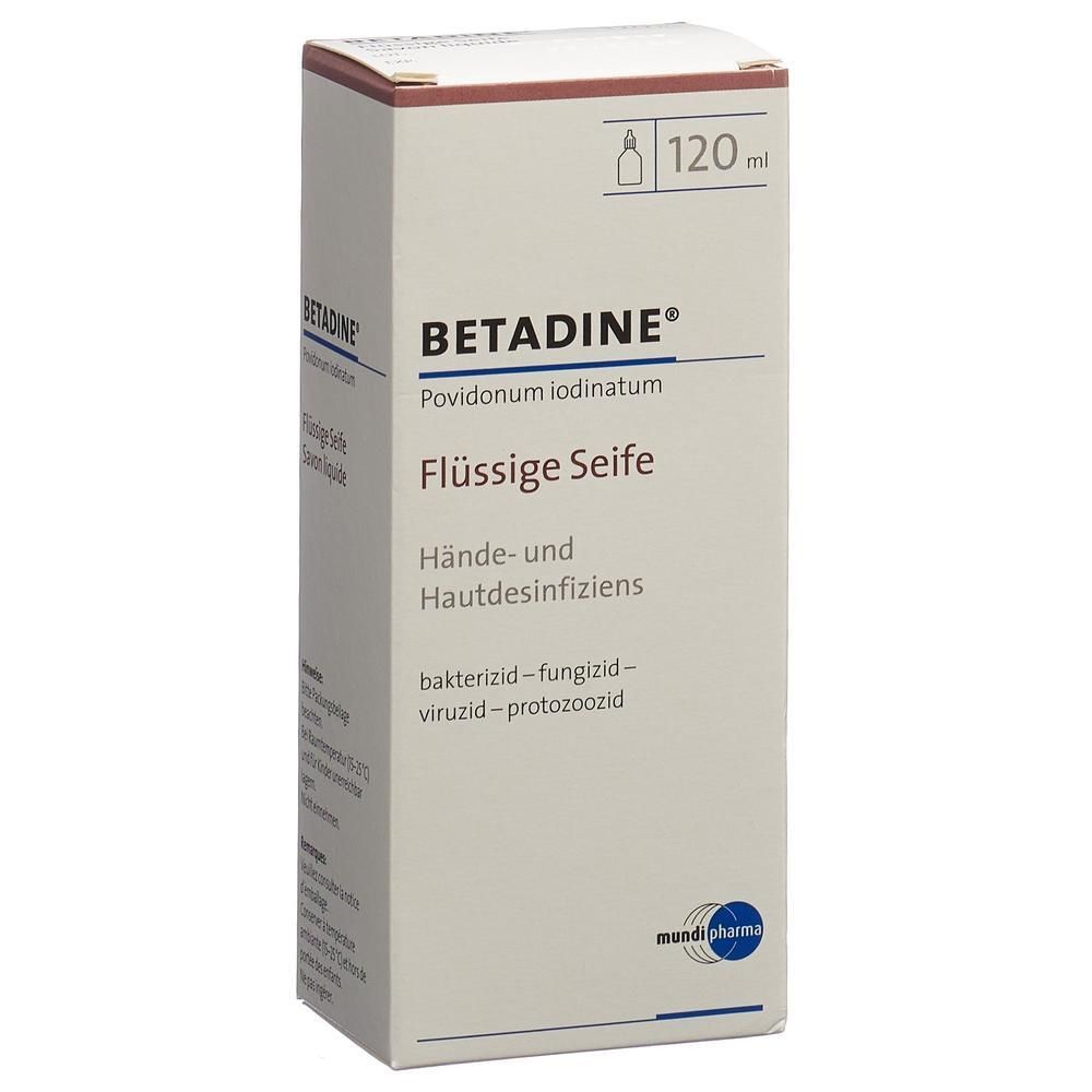 Weiße Verpackung mit Aufschrift BETADINE, Flüssige Seife, 120 ml. Text: Hände- und Hautdesinfiziens, bakterizid, fungizid, viruzid, protozoozid.