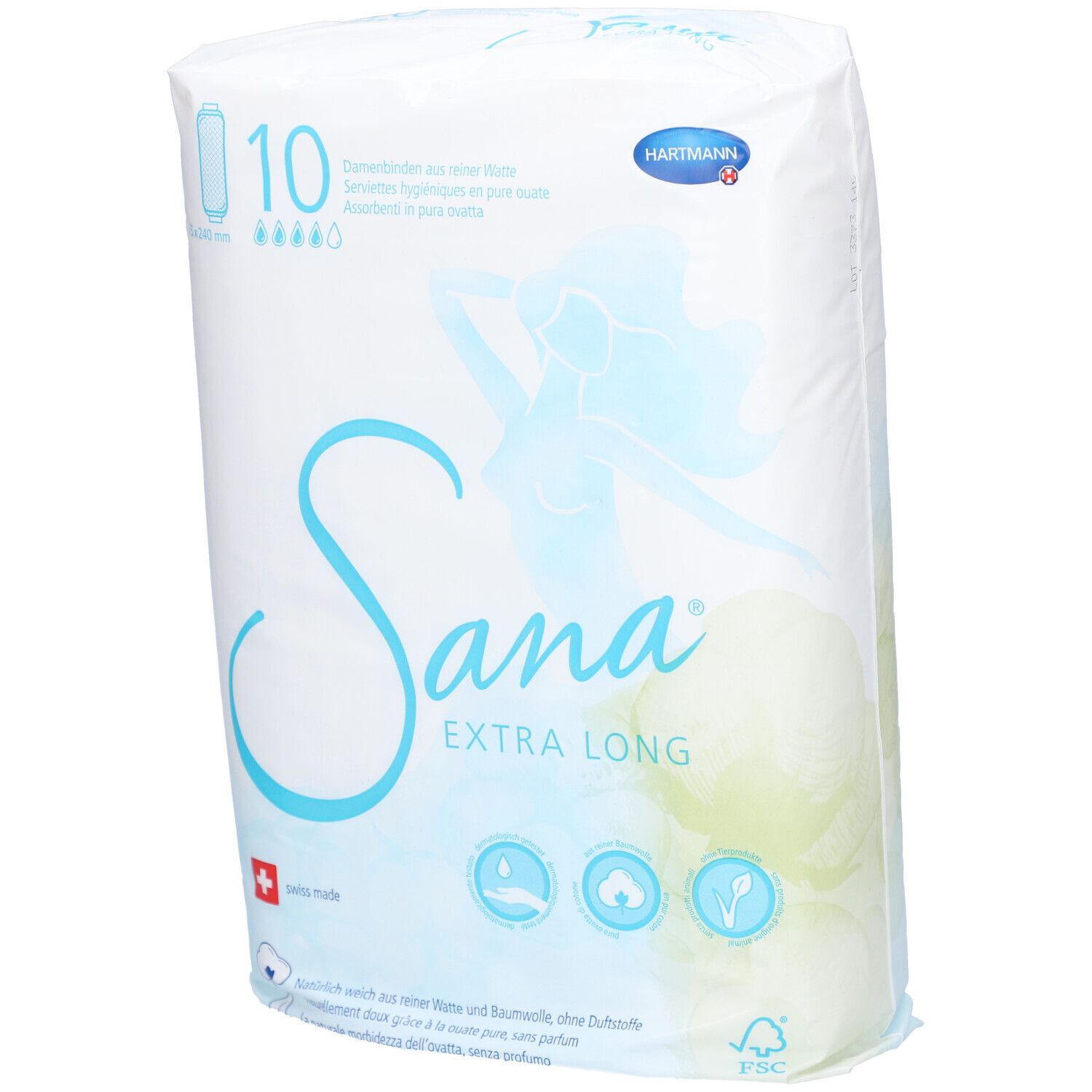 Verpackung von SANA Extra Long Damenbinden. 10 Stück. Hartmann Logo. Schweizer Kreuz. FSC-Siegel.