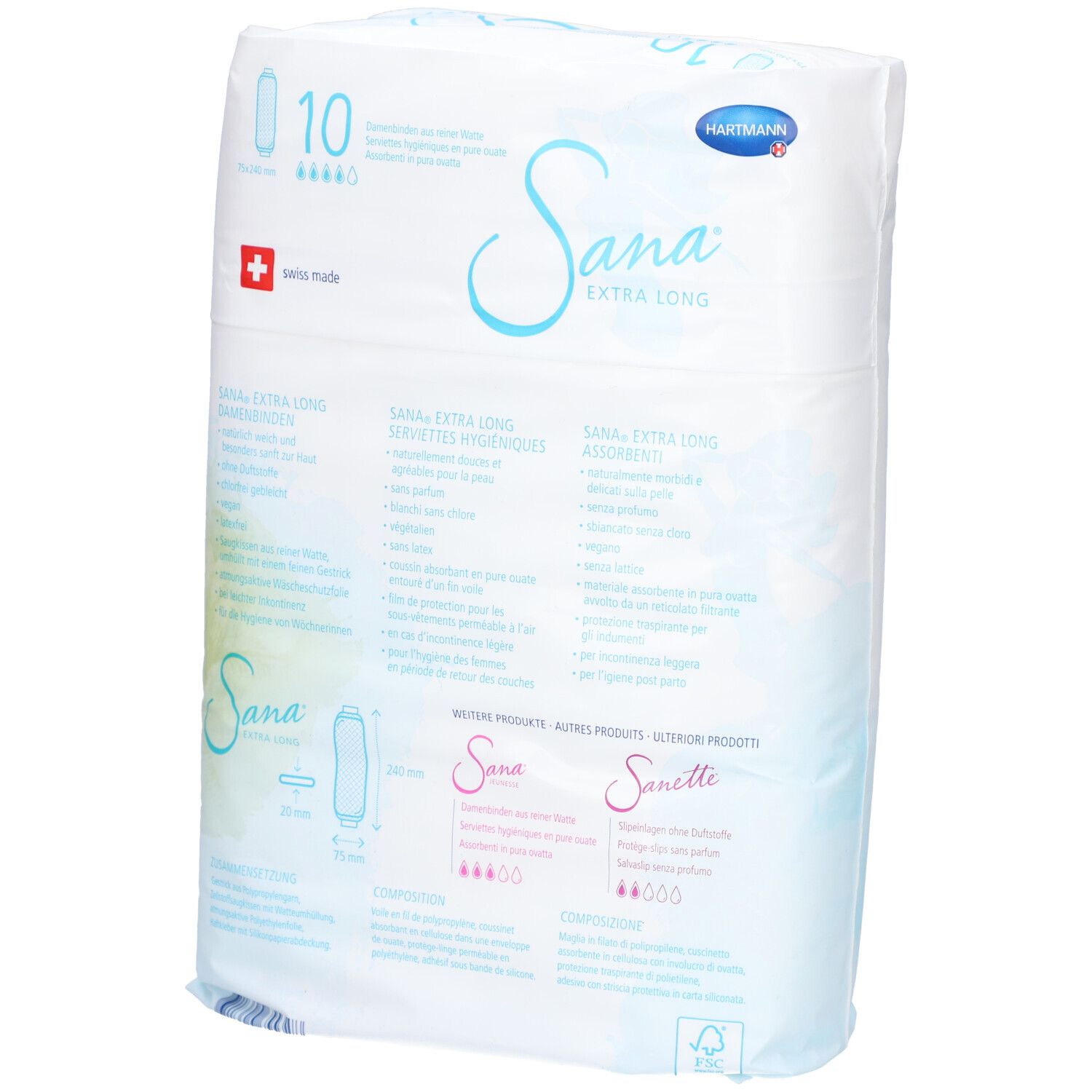 Verpackung von SANA Extra Long Damenbinden. 10 Stück. Produktinformationen in Deutsch, Französisch, Italienisch. Schweizer Kreuz.