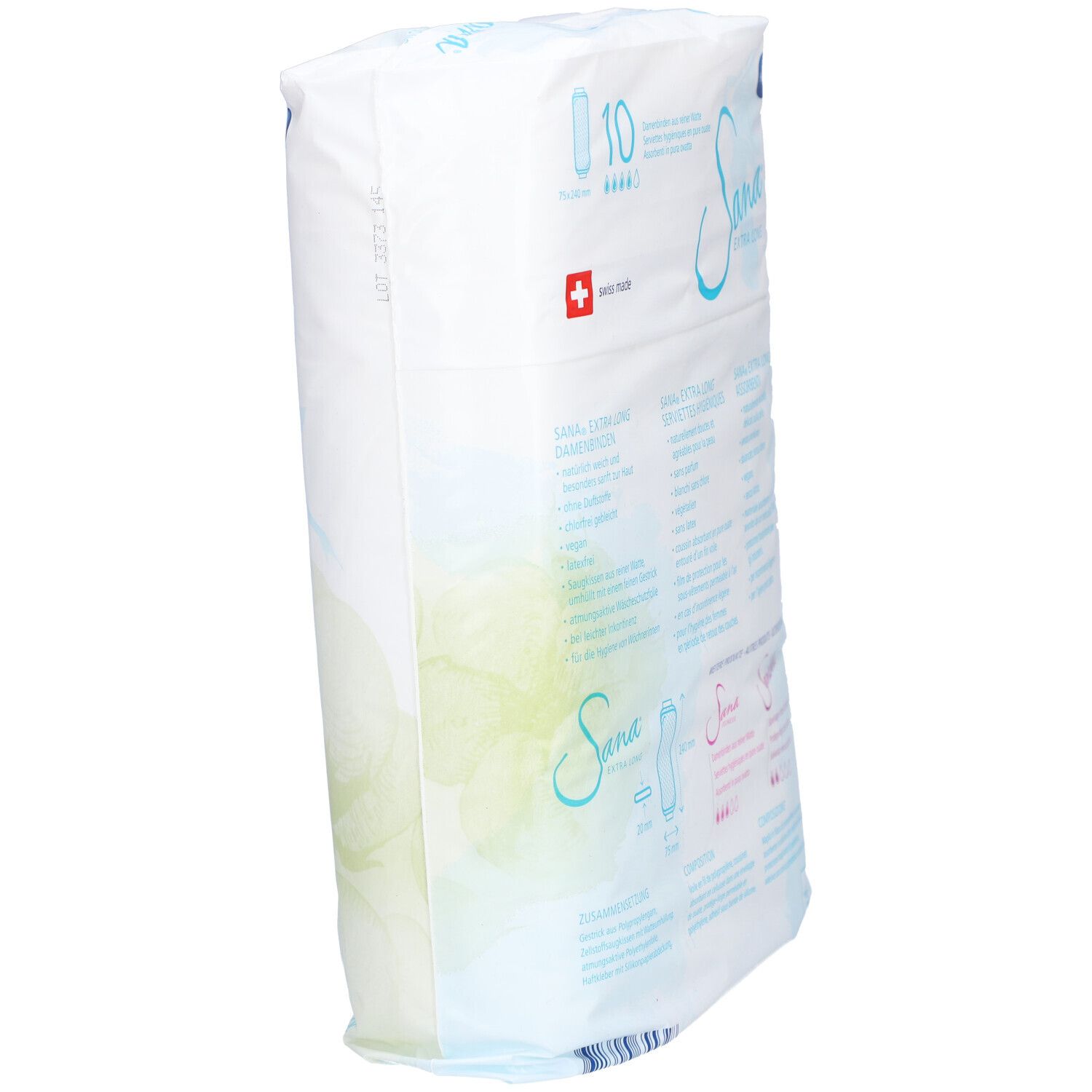Verpackung von SANA Extra Long Damenbinden. Produktinformationen. Schweizer Kreuz.