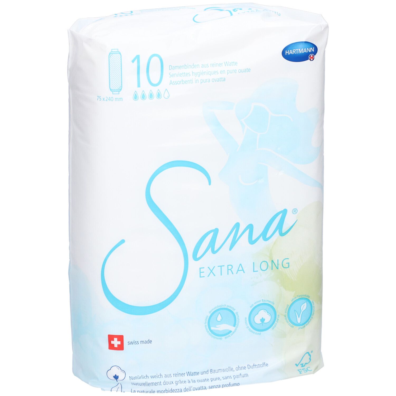 Verpackung von SANA Extra Long Damenbinden. 10 Stück. Hartmann Logo. Schweizer Kreuz. FSC-Siegel.