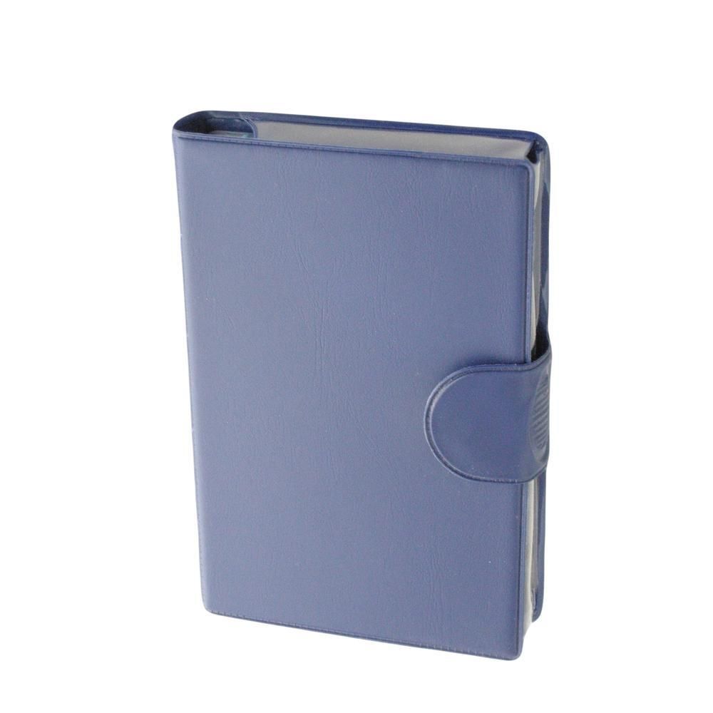 Blaue Pillenbox mit Klappverschluss. Rechteckige Form, Lederoptik.
