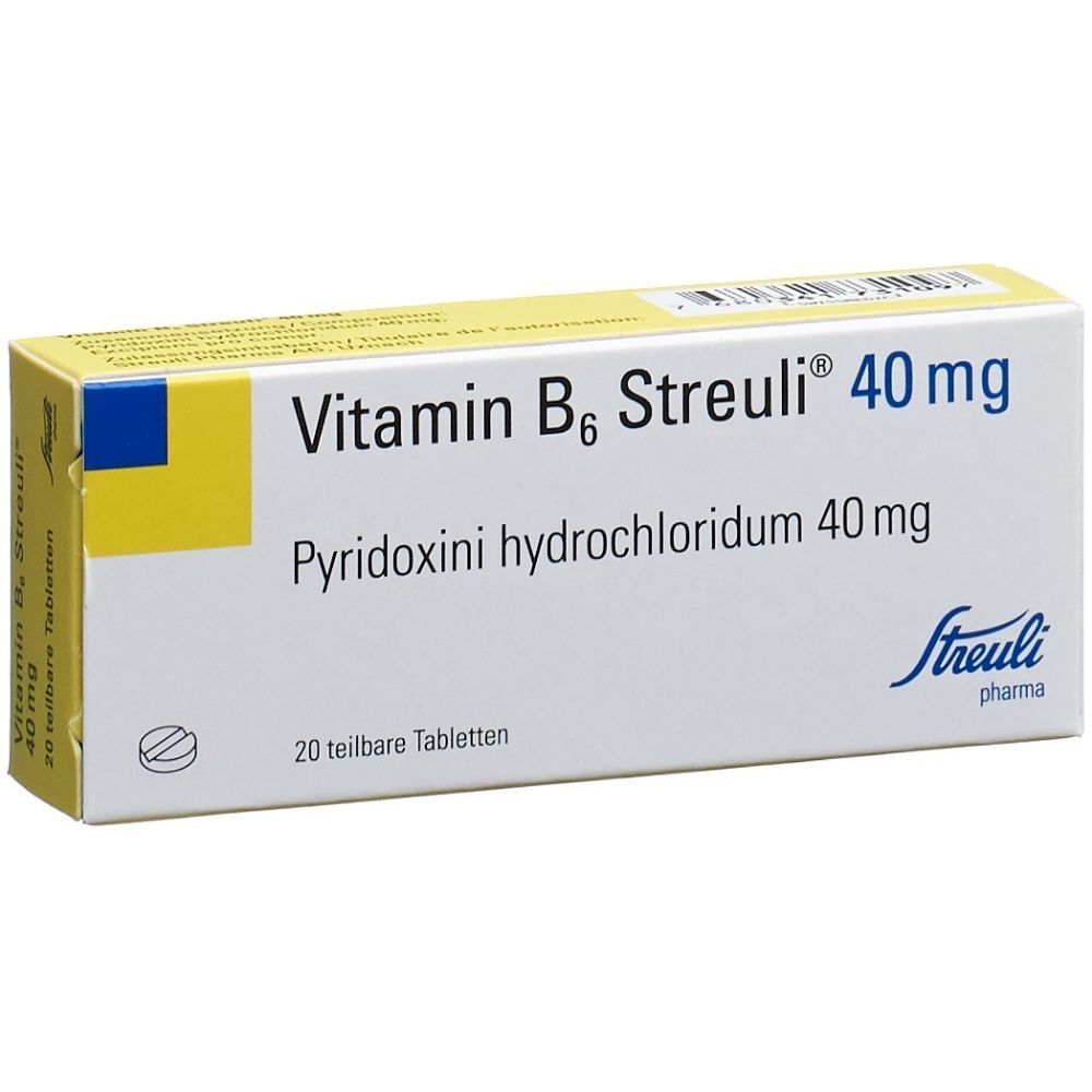 Verpackung von Vitamin B6 Streuli 40 mg Tabletten. Enthält 20 teilbare Tabletten. Aufschrift: Pyridoxini hydrochloridum 40 mg. Marke: Streuli pharma.