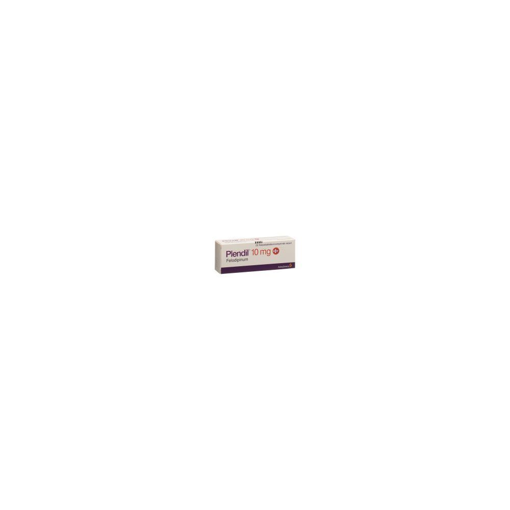 Boîte de PLENDIL Ret Tabl 10 mg. Inscription : PLENDIL, 10 mg. Emballage rectangulaire avec texte blanc, violet et rouge.
