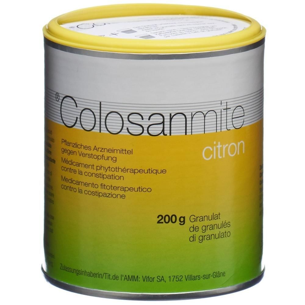 Runde Dose mit gelbem Deckel. Aufschrift: Colosanmite citron. Enthält 200g Granulat. Pflanzliches Arzneimittel gegen Verstopfung.