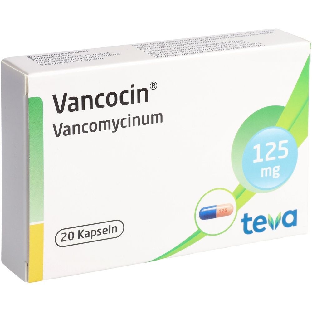Schachtel mit VANCOCIN Kapseln. Aufschrift: Vancocin, 125 mg, 20 Kapseln. Hersteller: teva. Abbildung einer Kapsel.